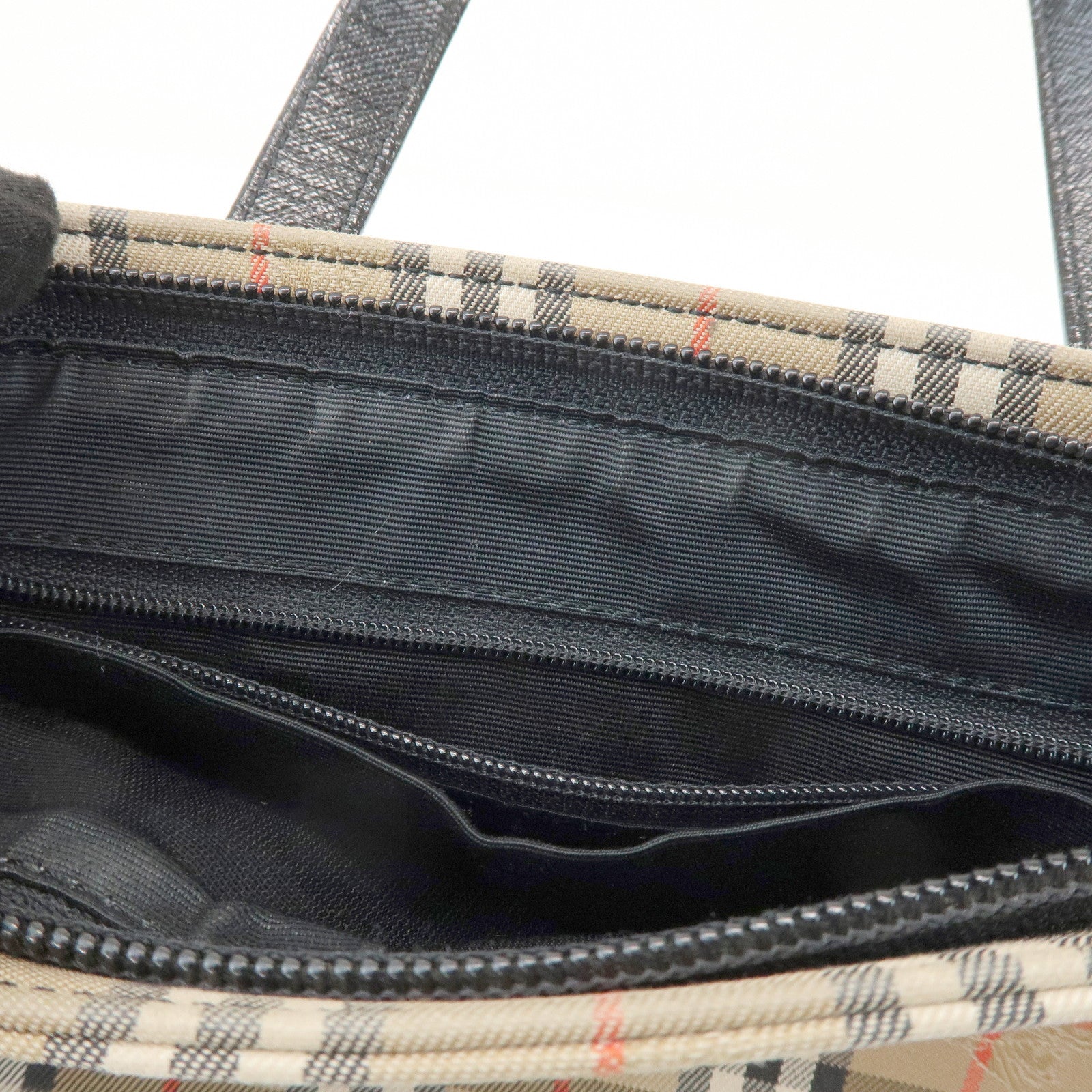BURBERRY Nova Plaid Canvas Leather Small Hand Bag Black Beige