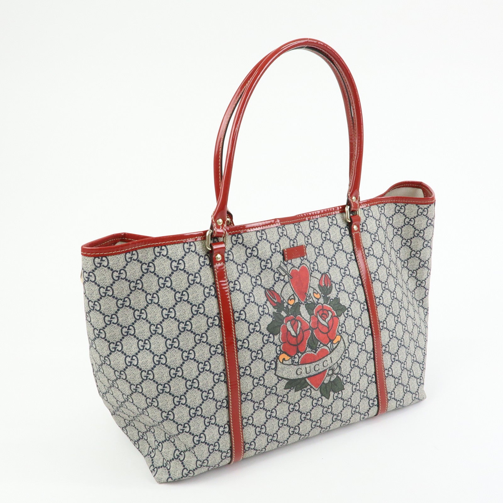GUCCI JOY Collection GG Supreme Patent Leather Tote Bag Navy Red