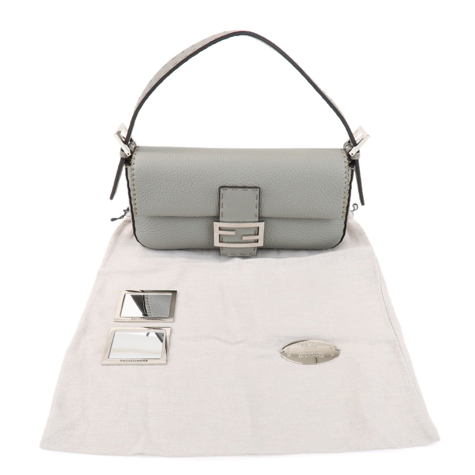 FENDI Mamma Baguette Selleria Leather Shoulder Bag Gray 8BR600