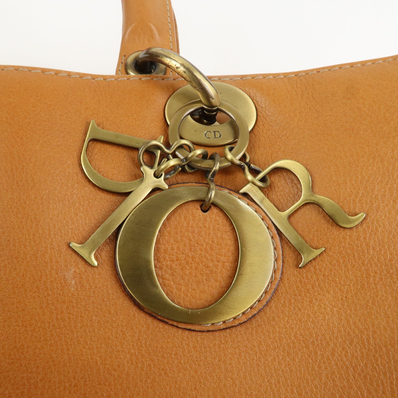 Christian Dior Lady Dior Leather Tote Bag Hand Bag Brown Gold