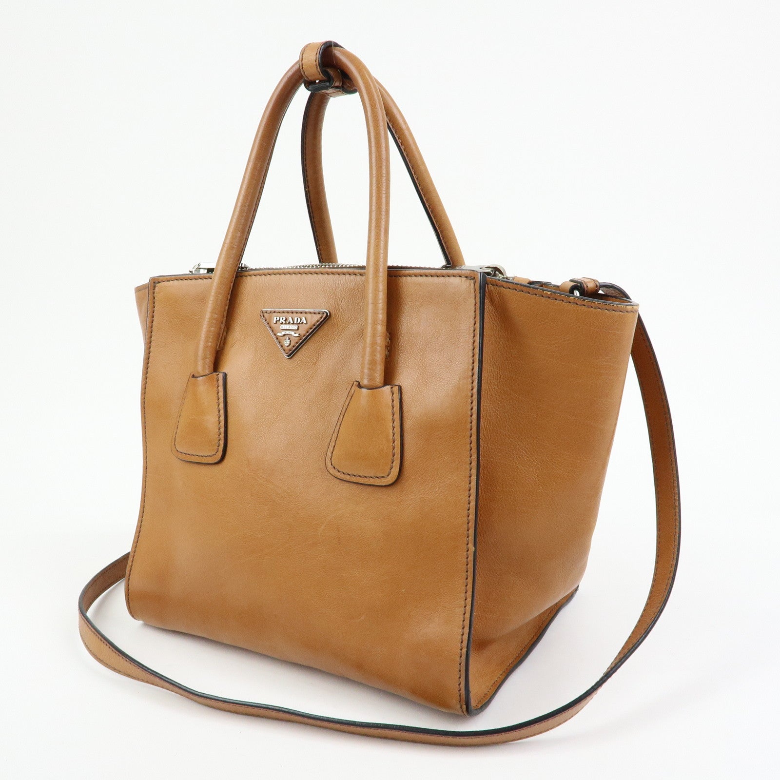 PRADA Triangle Logo Calf Leather 2Way Bag Hand Bag Brown BN2625