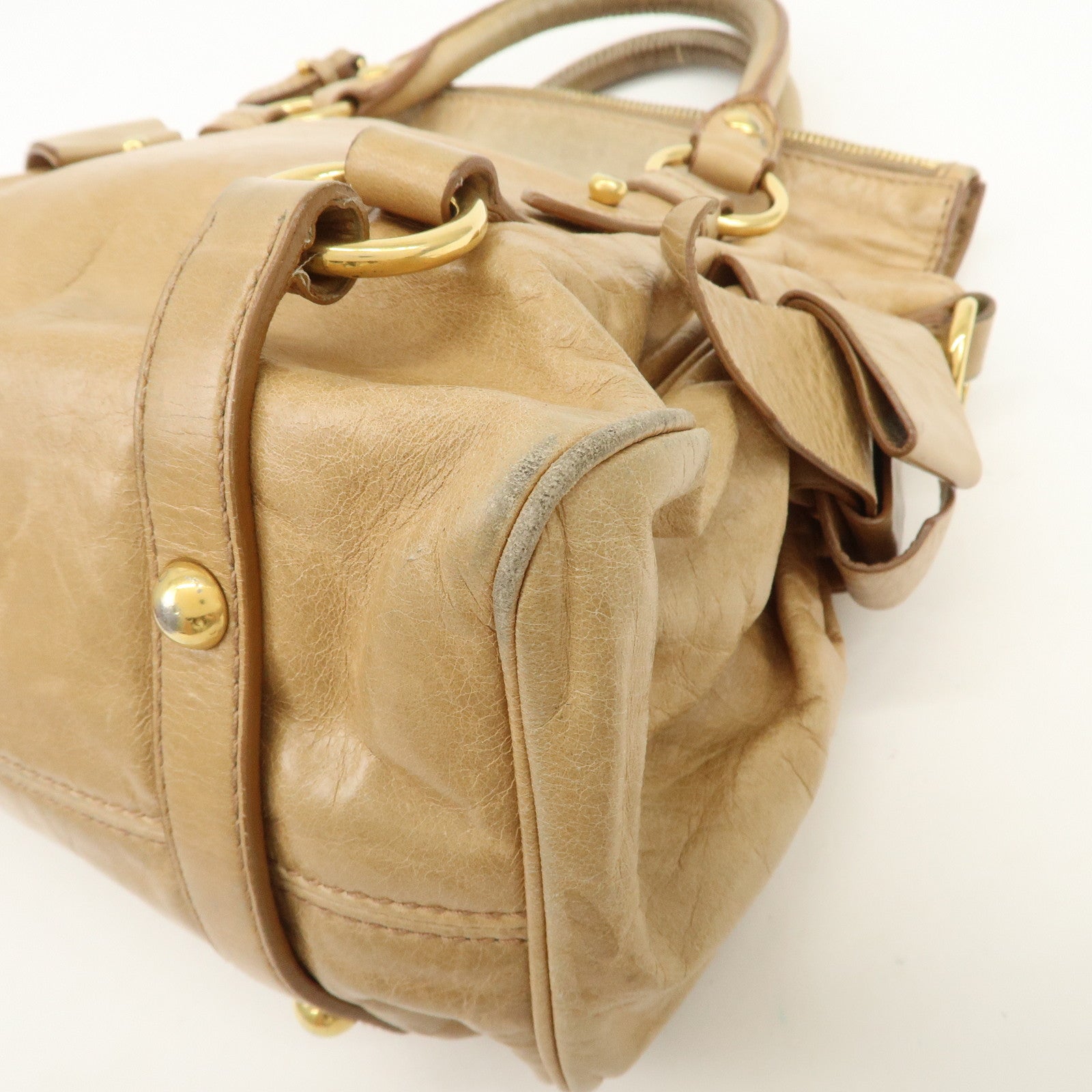 MIU MIU Logo Leather 2Way Bag Hand Bag Shoulder Bag Beige RT0438