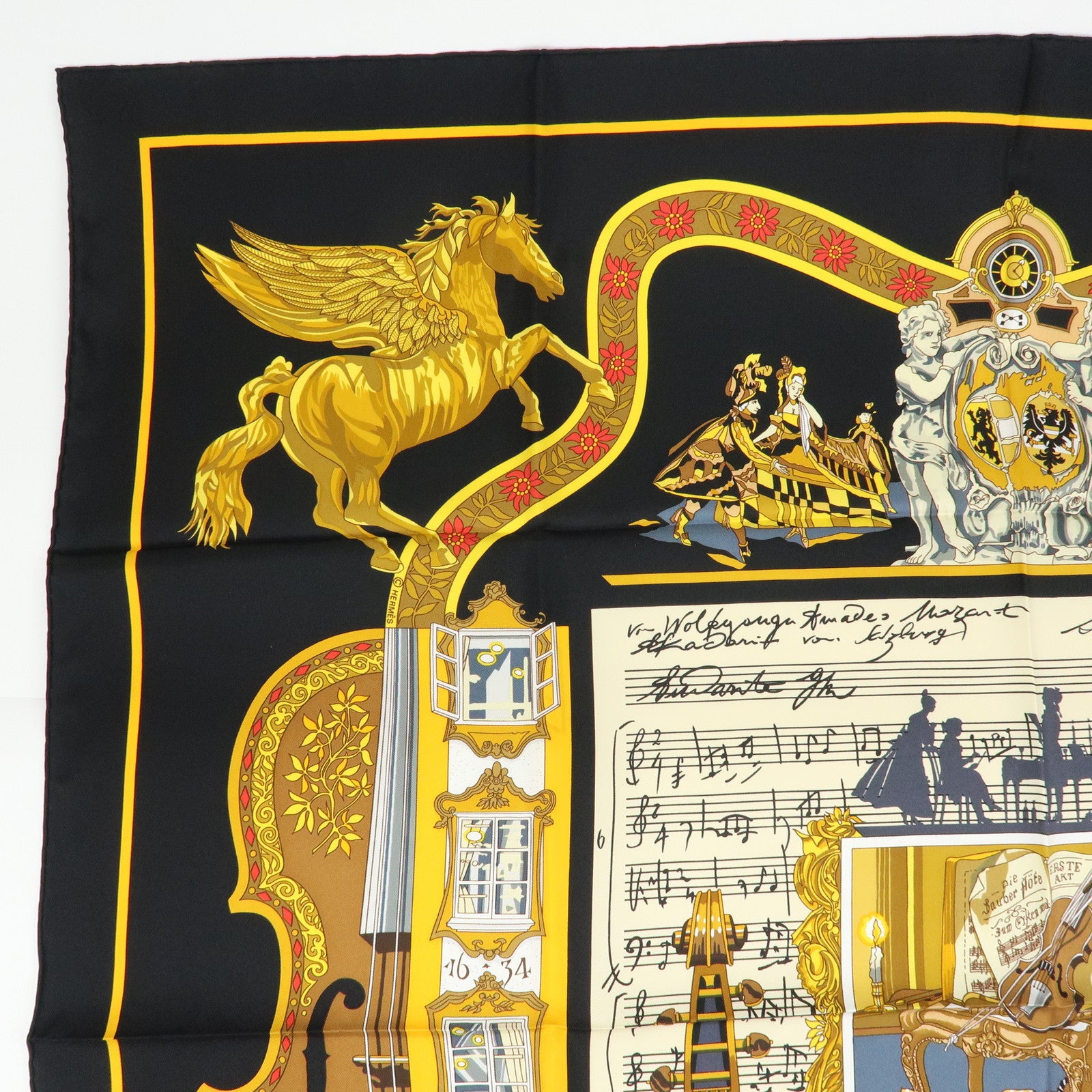 HERMES Carre 90 Silk 100% Scarf IN SALZBURG Black Gold