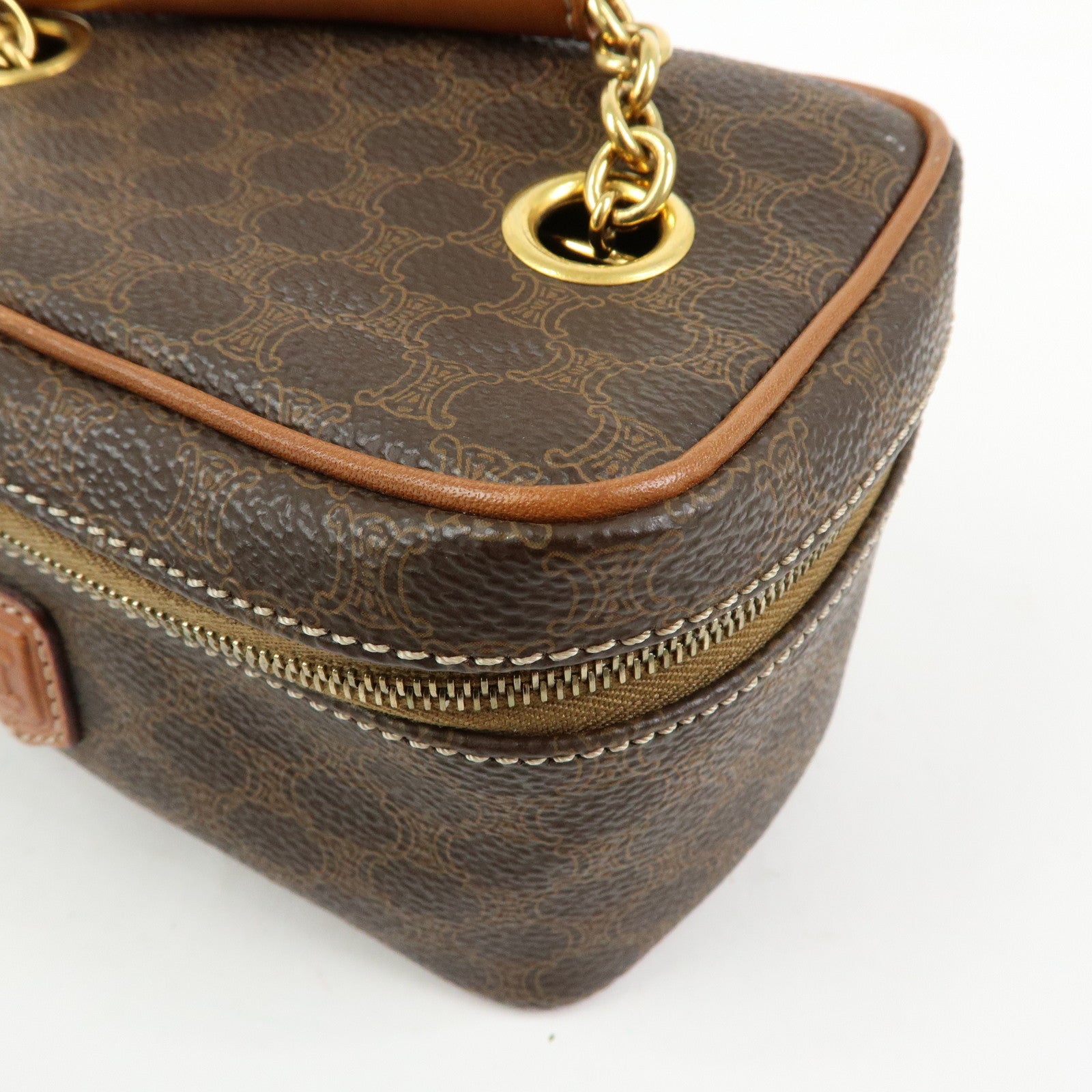 CELINE Macadam PVC Leather Chain Mini Hand Bag Vanity Bag Brown
