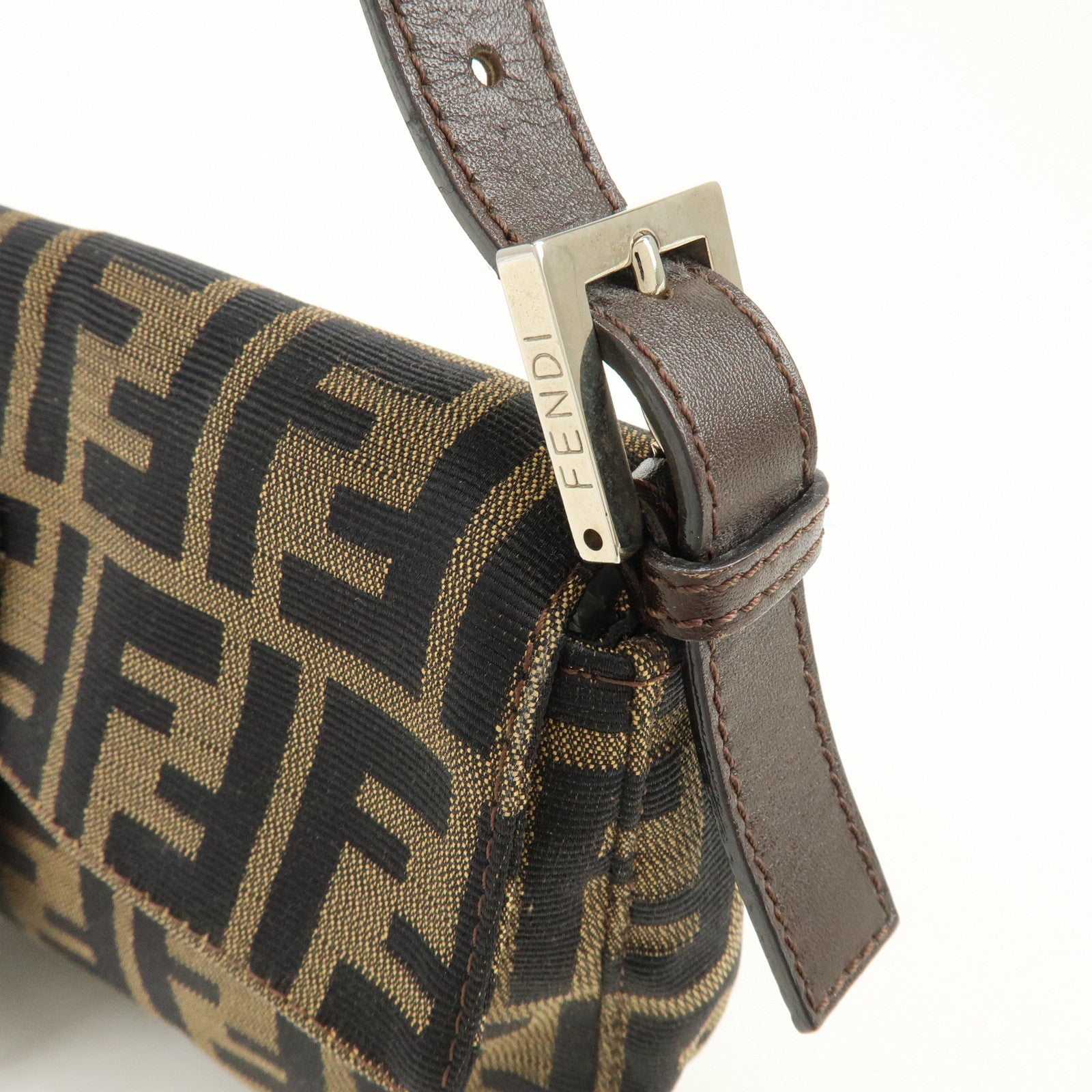 FENDI Mamma Baguette Zucca Canvas Leather Shoulder Bag Brown 8BR000