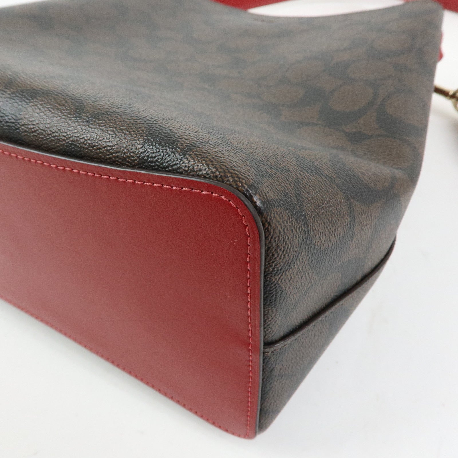 COACH Signature PVC 2Way Shoulder Bag Hand Bag Dark Brown Red