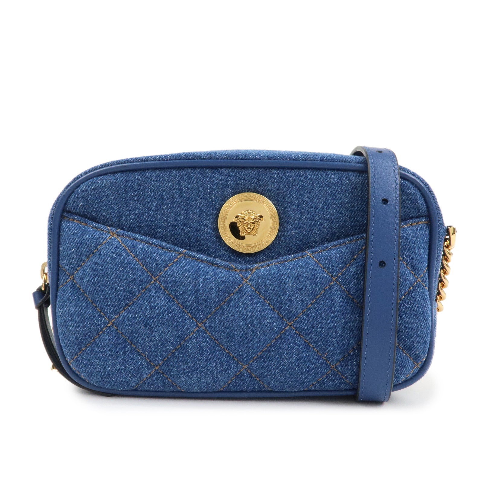 GIANNI VERSACE Denim Leather Chain Shoulder Bag Blue