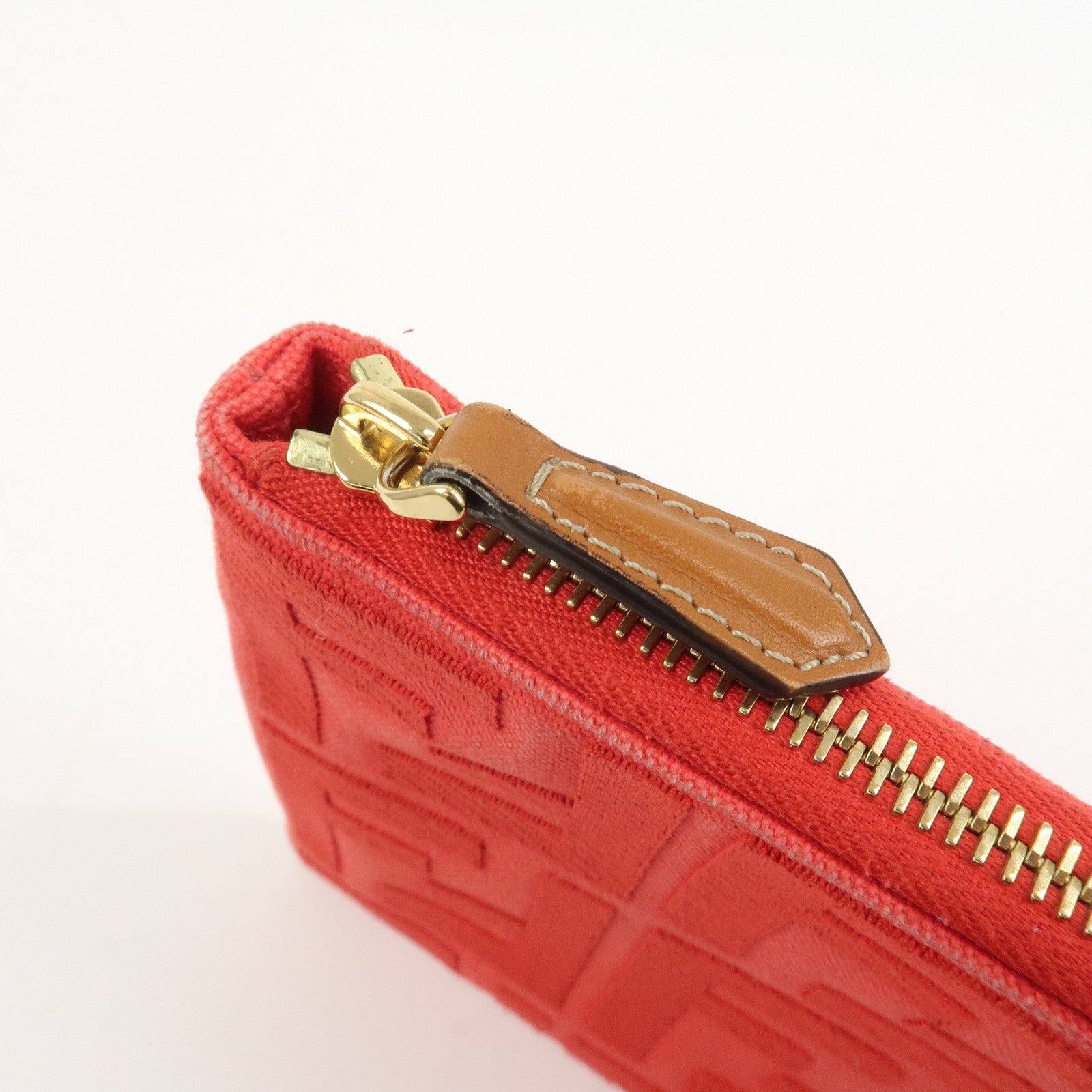 FENDI Zucca Canvas Leather Clutch Bag Cosmetic Bag Red 8N0148