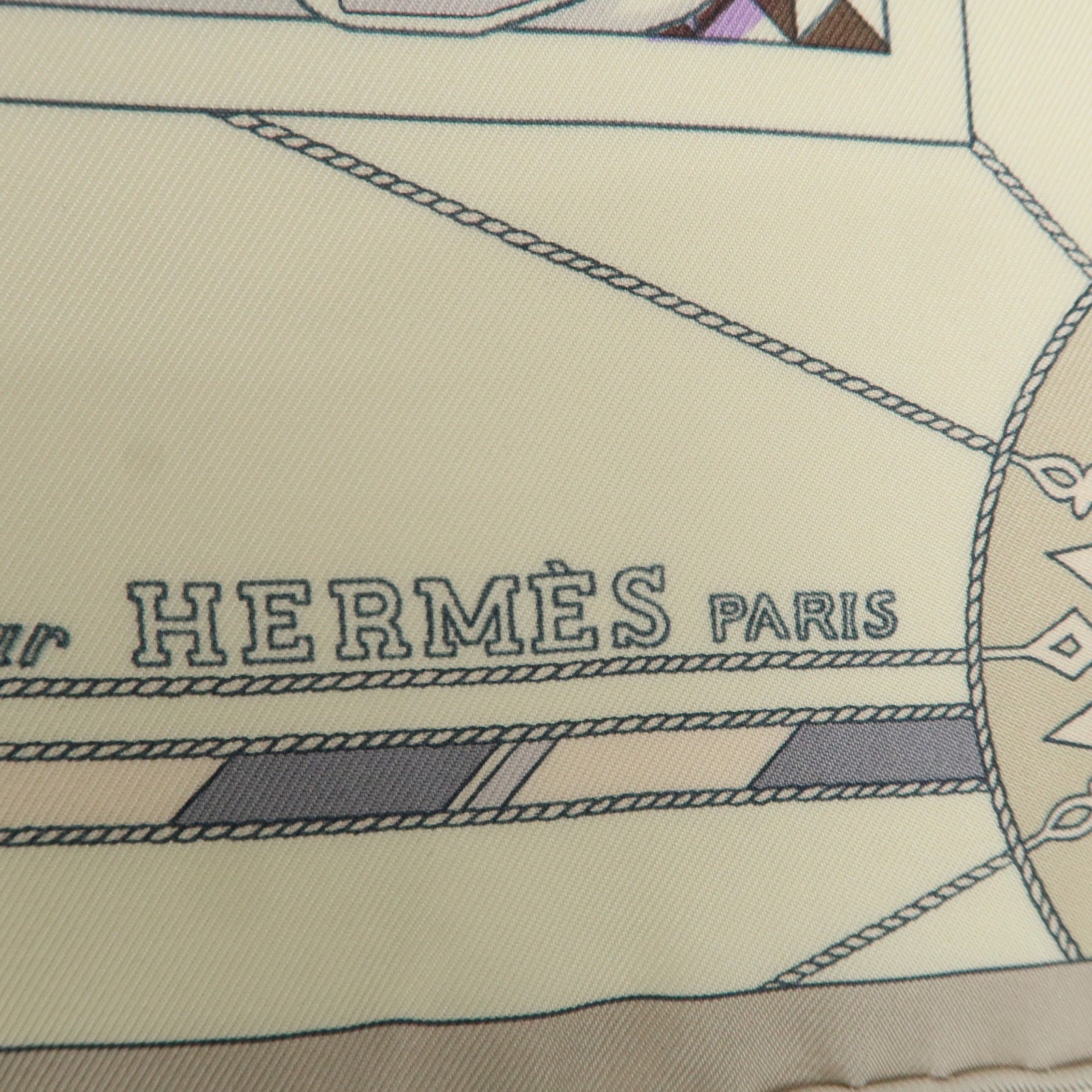 HERMES Carre 90 Silk 100% Scarf VOYAGE au LONGCOURS Ivory Used