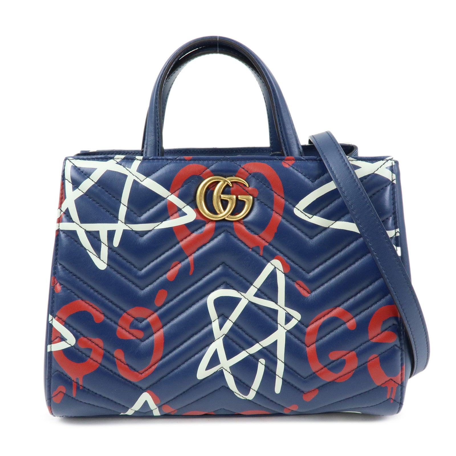 GUCCI GG Marmont Ghost Leather 2Way Hand Bag Navy Red White 448054