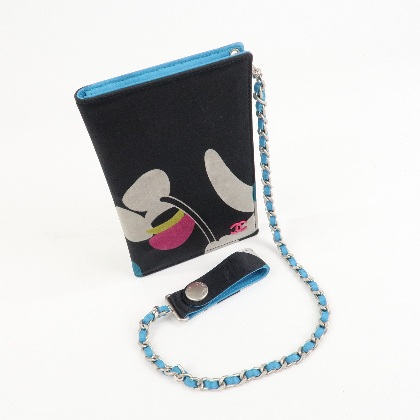 CHANEL Canvas Leather Chain Passport Case Black Multicolor