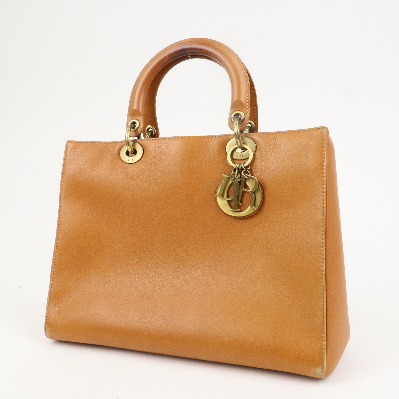 Christian Dior Lady Dior Leather Tote Bag Hand Bag Brown Gold