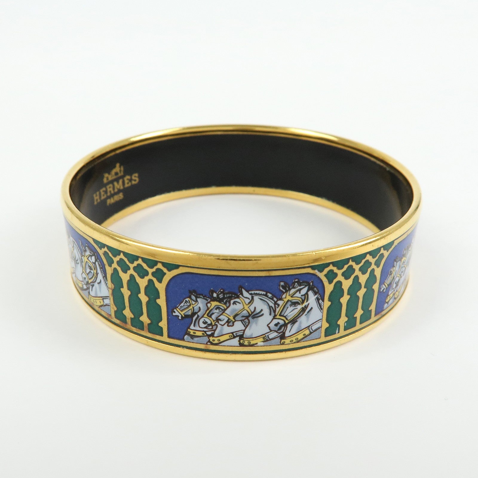 HERMES Email GM Gold Plated Bangle Bracelet Horse Blue Gold