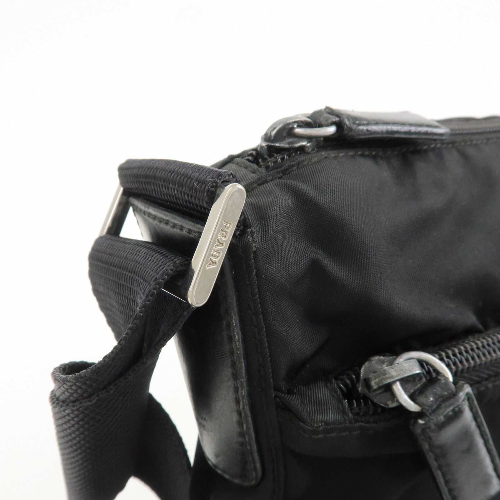 PRADA Triangle Logo Nylon Saffiano Leather Shoulder Bag Black V161