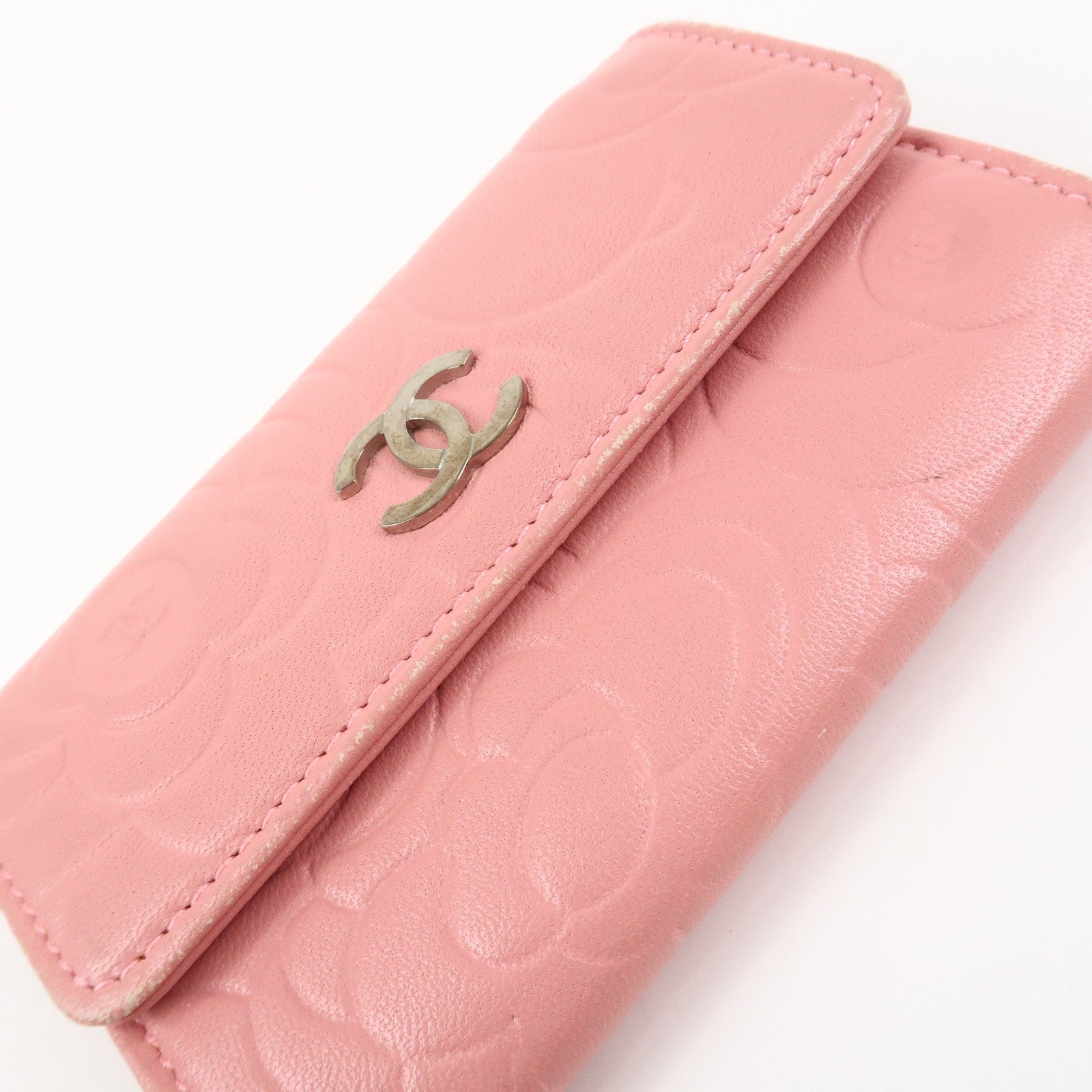 CHANEL Camellia COCO Mark Leather Card Case Card Holder Pink