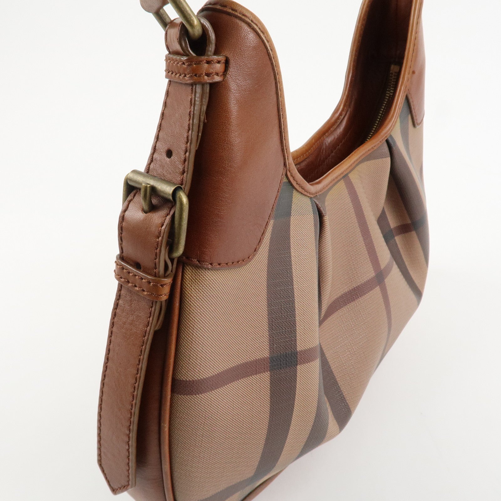 BURBERRY Nova Plaid PVC Leather Shoulder Bag Hand Bag Brown Used