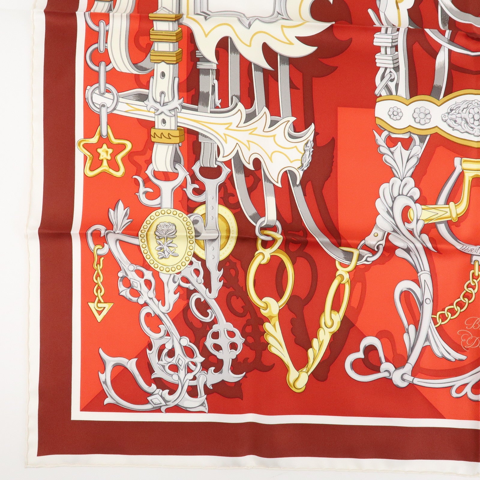 HERMES Carre 90 Silk 100% BRIDES ET DESTIN Red Used