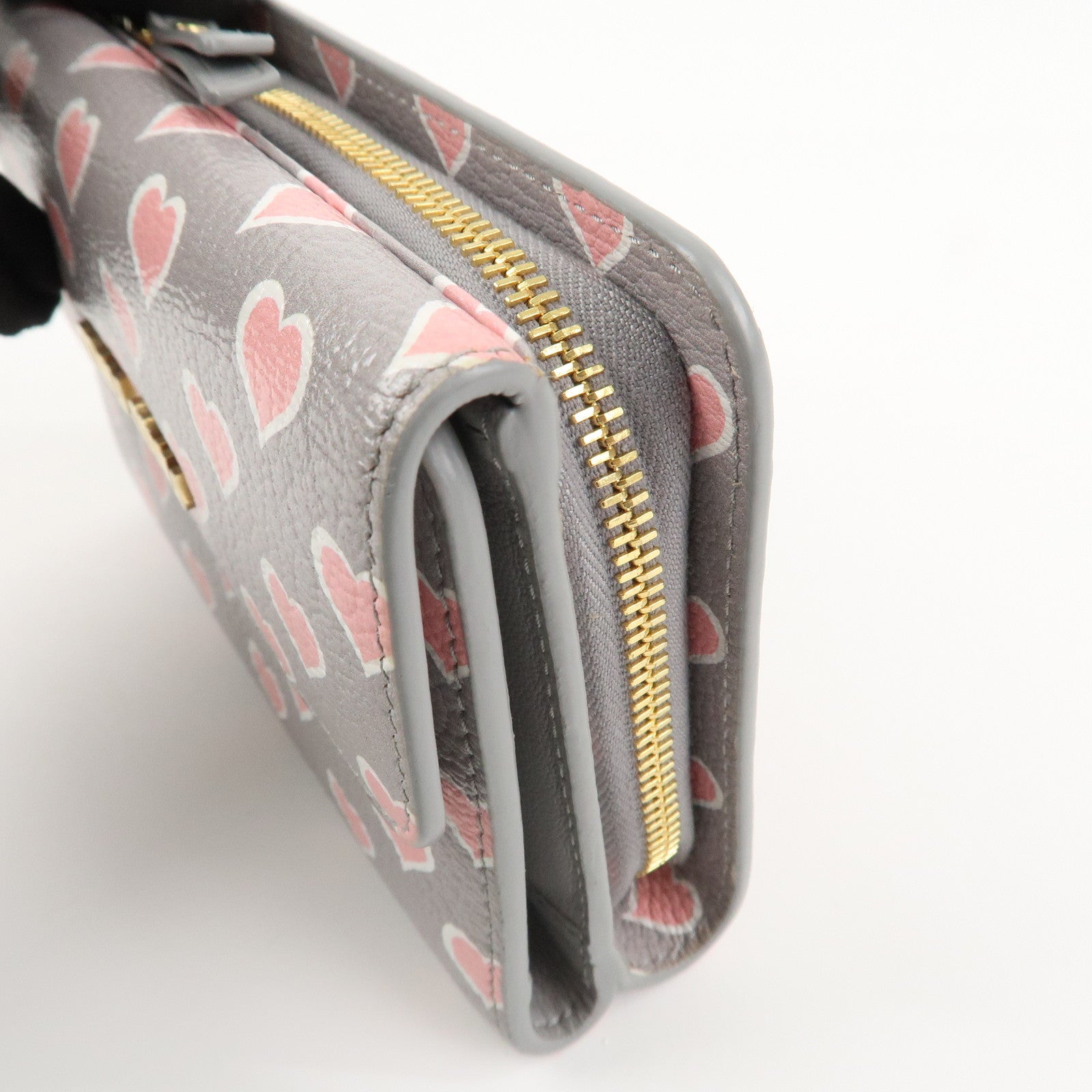 MIU MIU Leather Heart BI-fold Wallet Pink Gray Gold Hardware 5ML014 Used