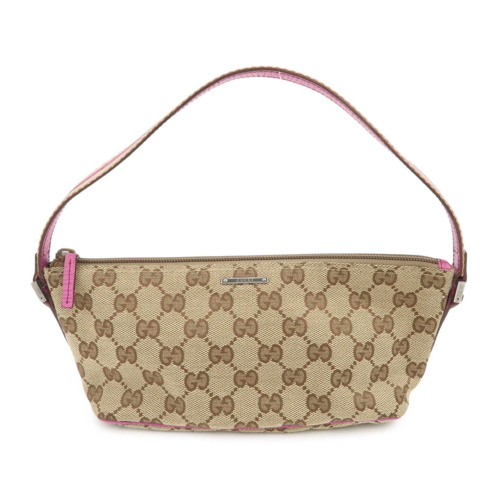 GUCCI Boat Bag Sherry GG Canvas Leather Hand Bag Pouch Brown 141809