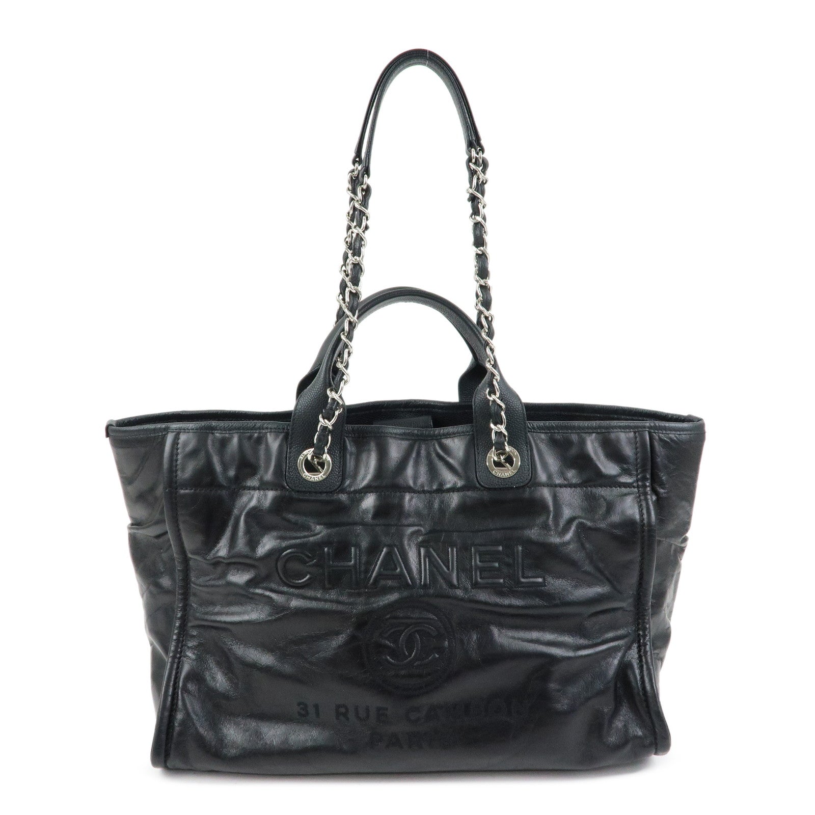 CHANEL Deauville GM Caviarskin Leather 2Way Tote Bag Black A66941