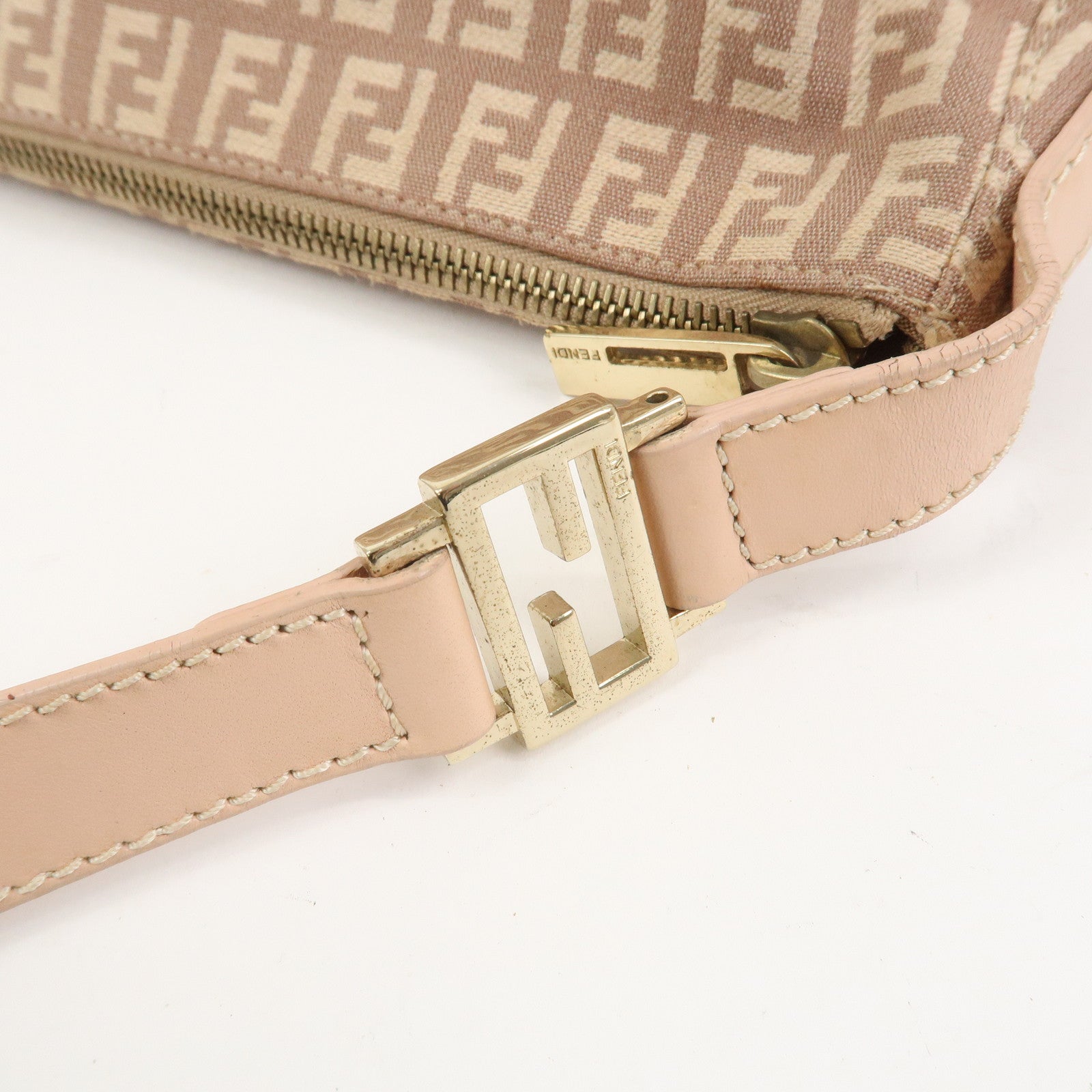 FENDI Zucchino Canvas Leather Shoulder Hand Bag Pink Beige 8BR444