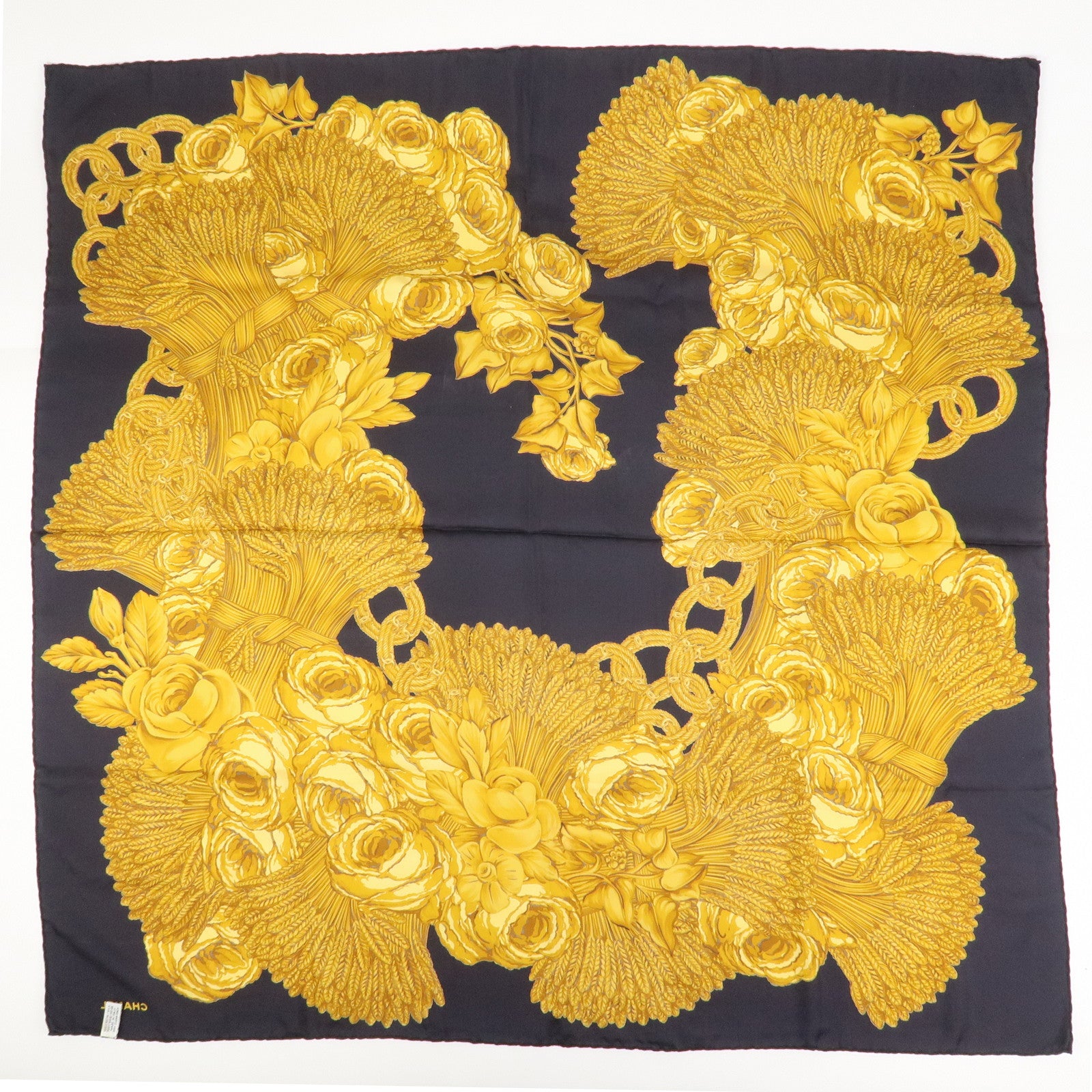 CHANEL Silk 100% Flower Chain Print Scarf Black Gold