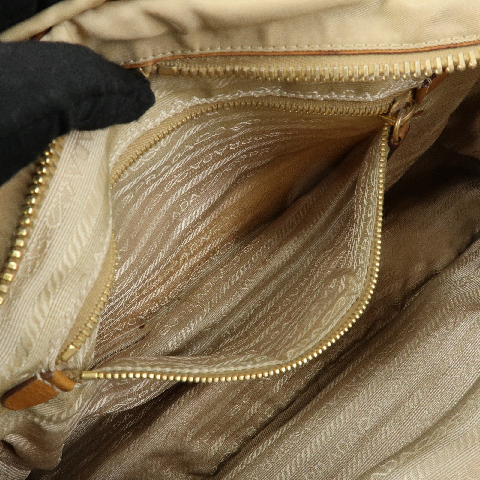 PRADA Triangle Logo Nylon Leather Shoulder Hand Bag Beige Brown