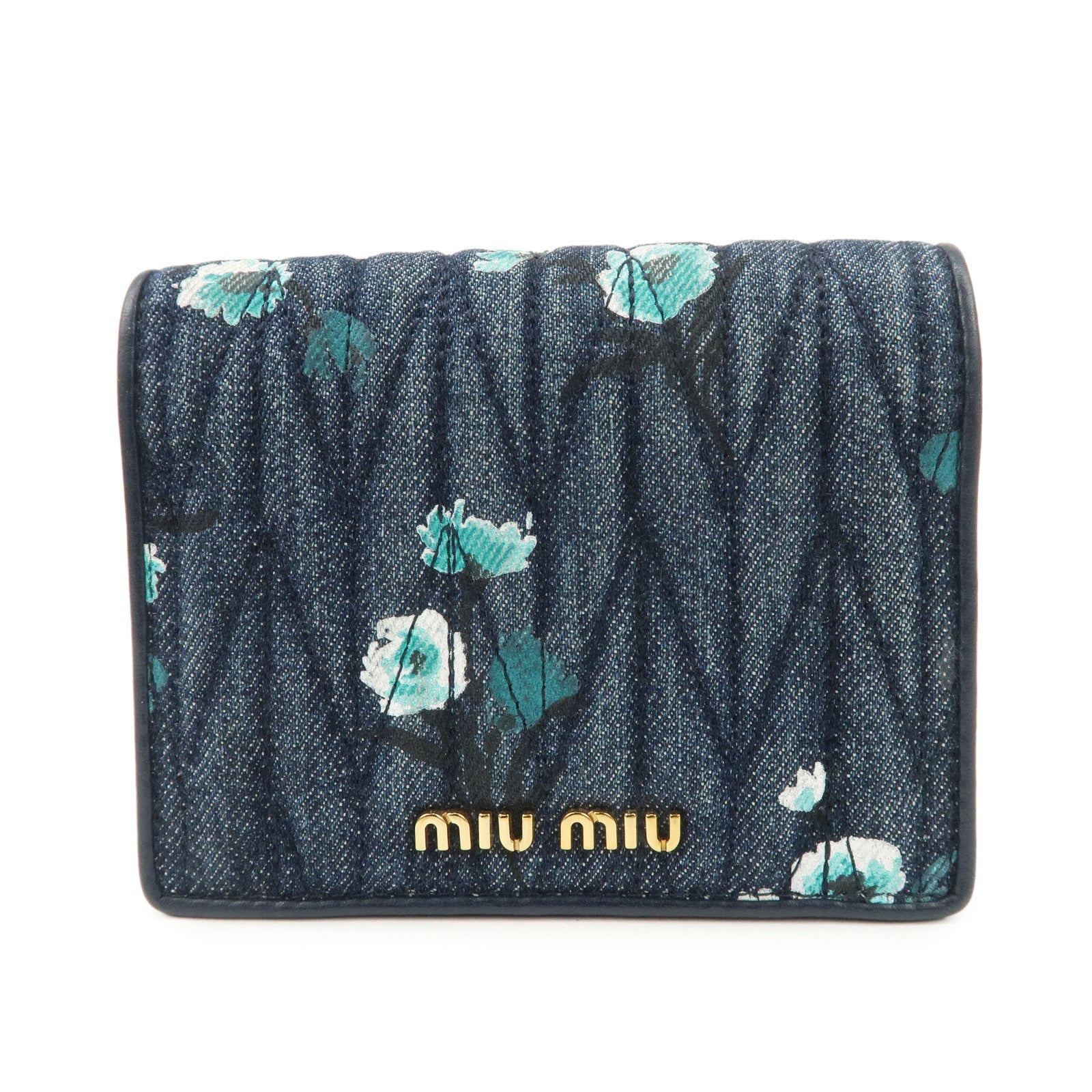 MIU MIU Matelasse Denim Leather Bi-fold Compact Wallet Indigo Blue 5MV204