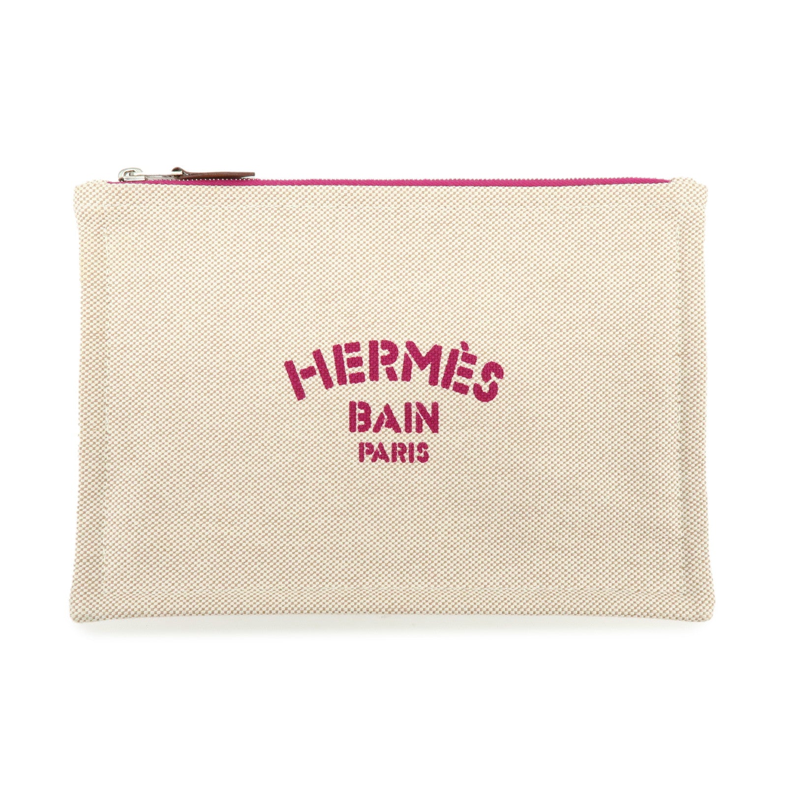 HERMES New Yachting PM Canvas Leather Flat Pouch Beige Purple