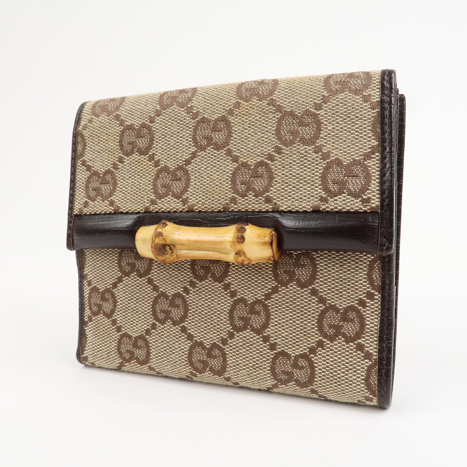 GUCCI Bamboo GG Canvas Leather W Hook Compact Wallet Beige 112521