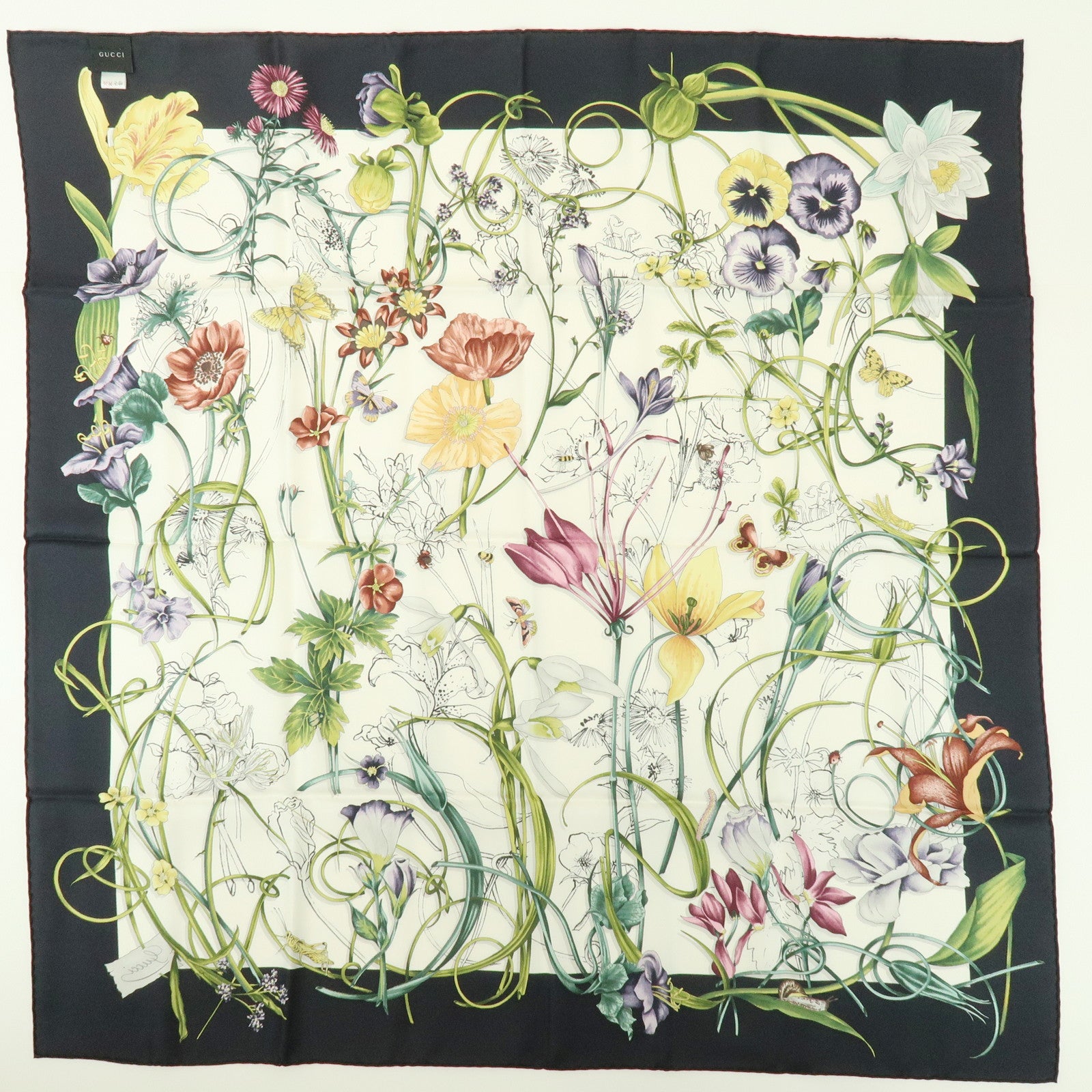 GUCCI Flora  Silk 100% Scarf Flower PrintWhite Black Yellow