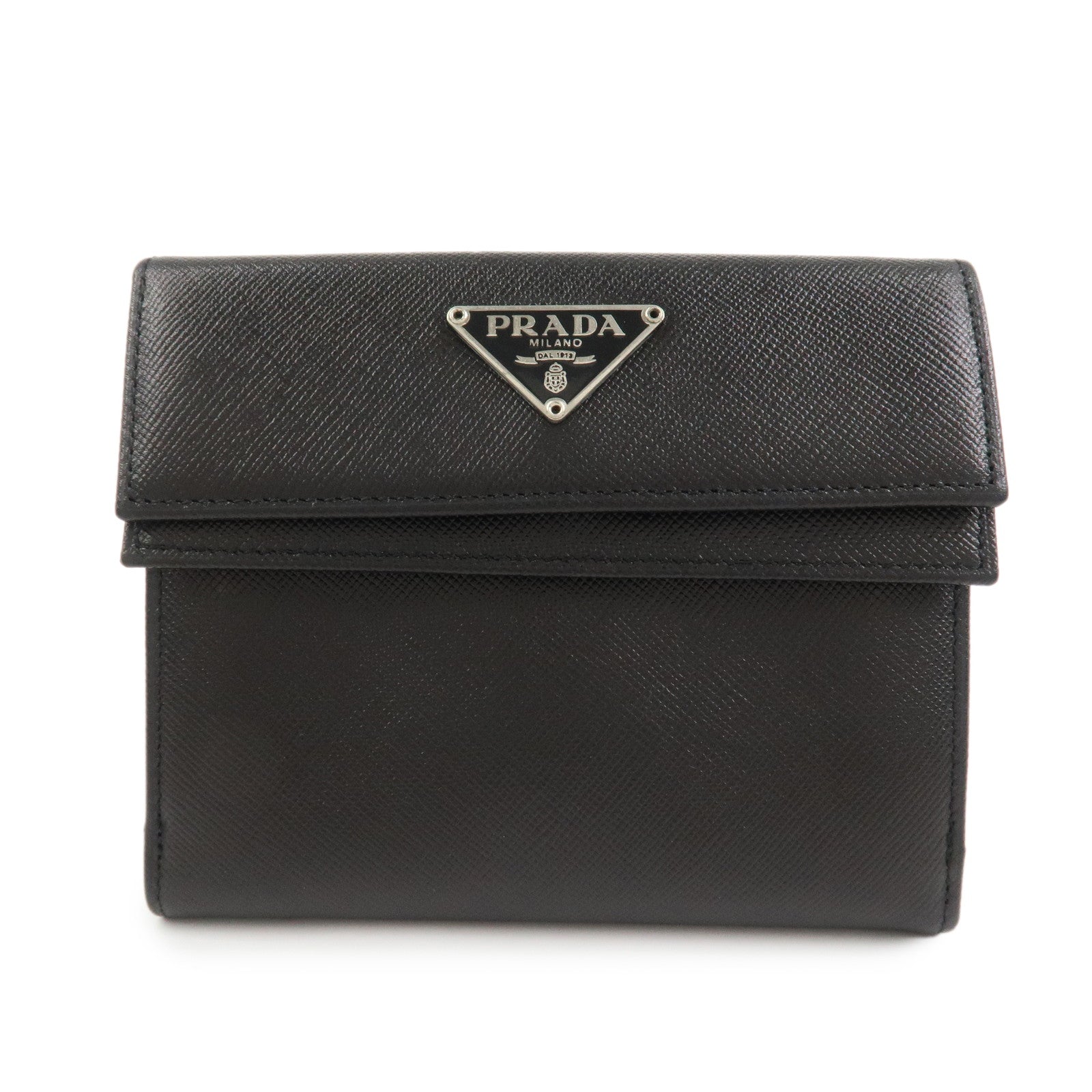 PRADA Triangle Logo Saffiano Leather Compact Wallet Black M53X