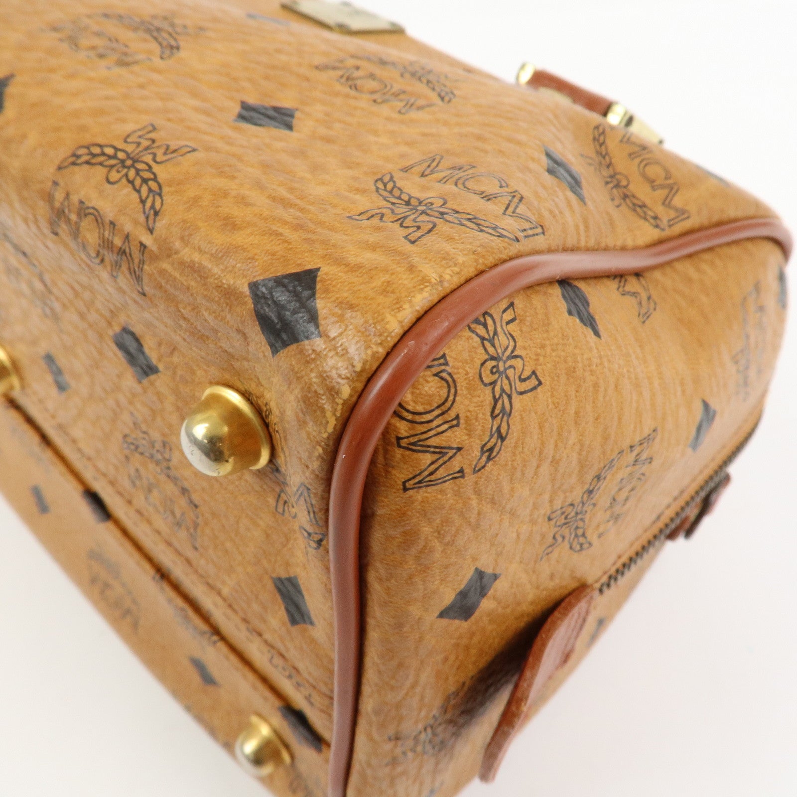 MCM Visetos Leather Boston Bag Hand Bag Brown