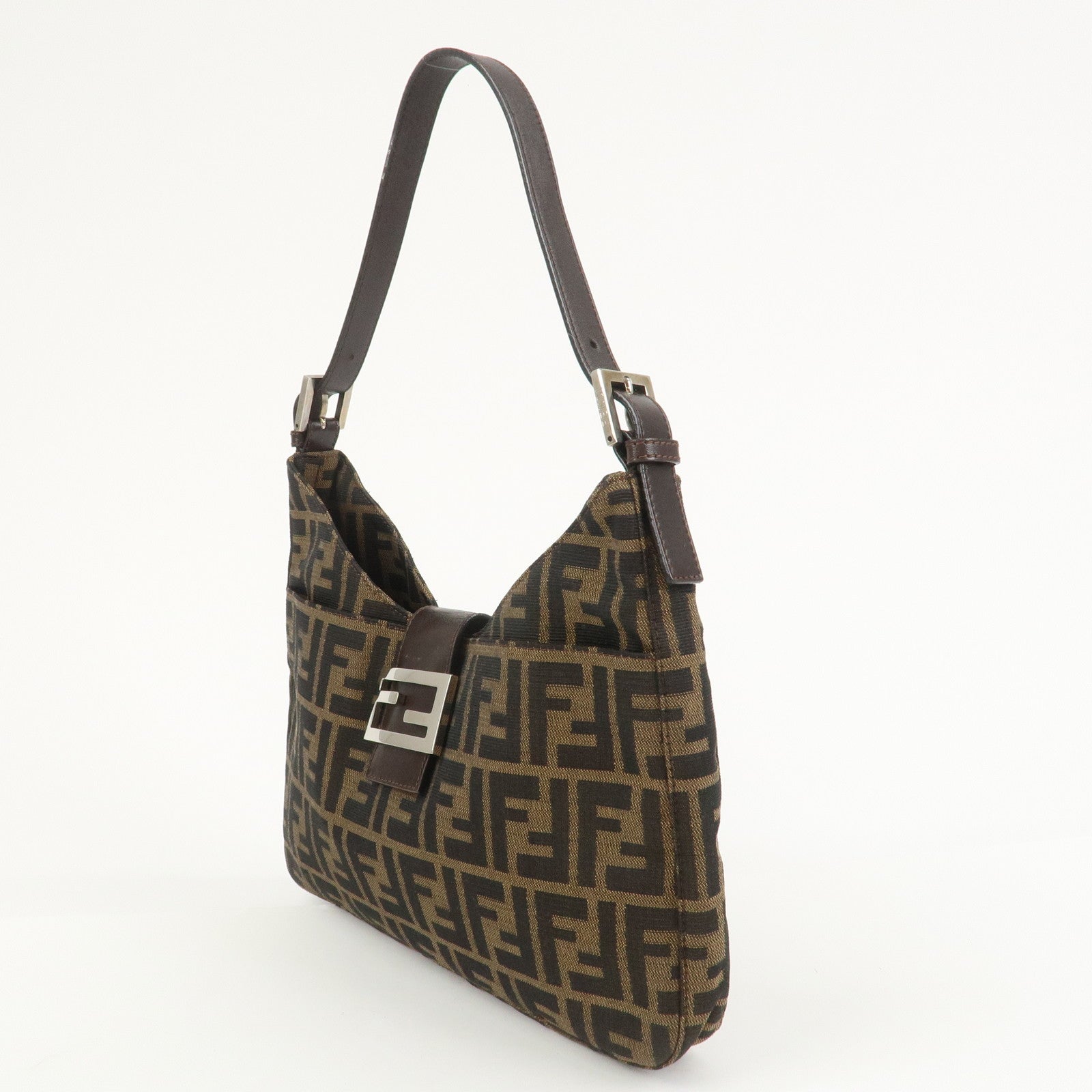 FENDI Zucca Canvas Leather Shoulder Bag Brown Black 26569