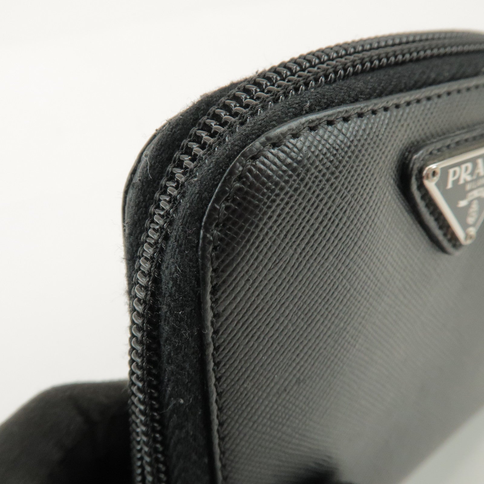 PRADA Logo Leather Round Zippy Bi-fold Wallet Black 1ML522