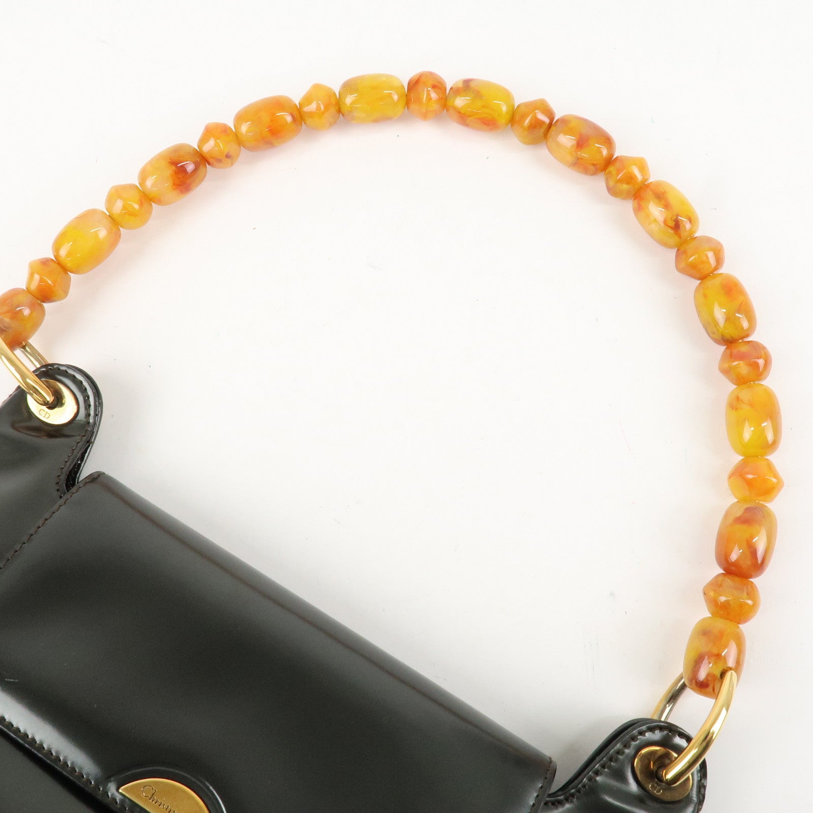 Christian Dior Enamel Leather Maris Pearl Shoulder Bag Hand Bag Khaki Used