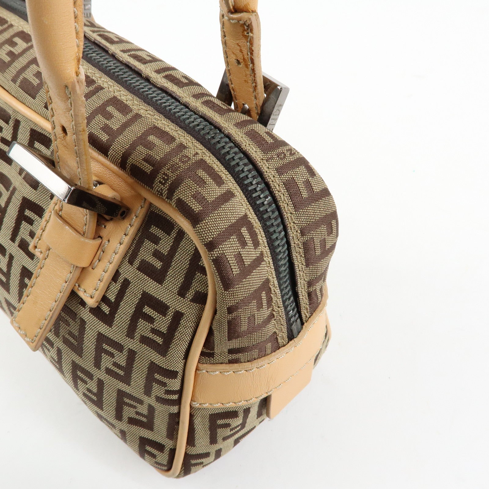 FENDI Zucchino Canvas Leather Small Boston Hand Bag Brown 8BN004