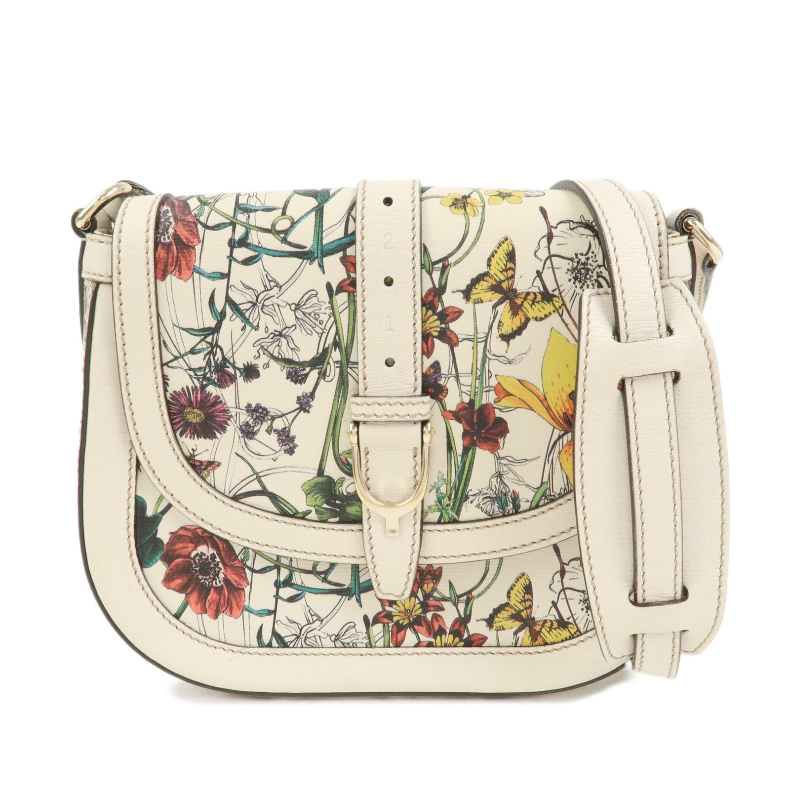 GUCCI Flora Leather Shoulder Bag Crossbody Bag Ivory 336749