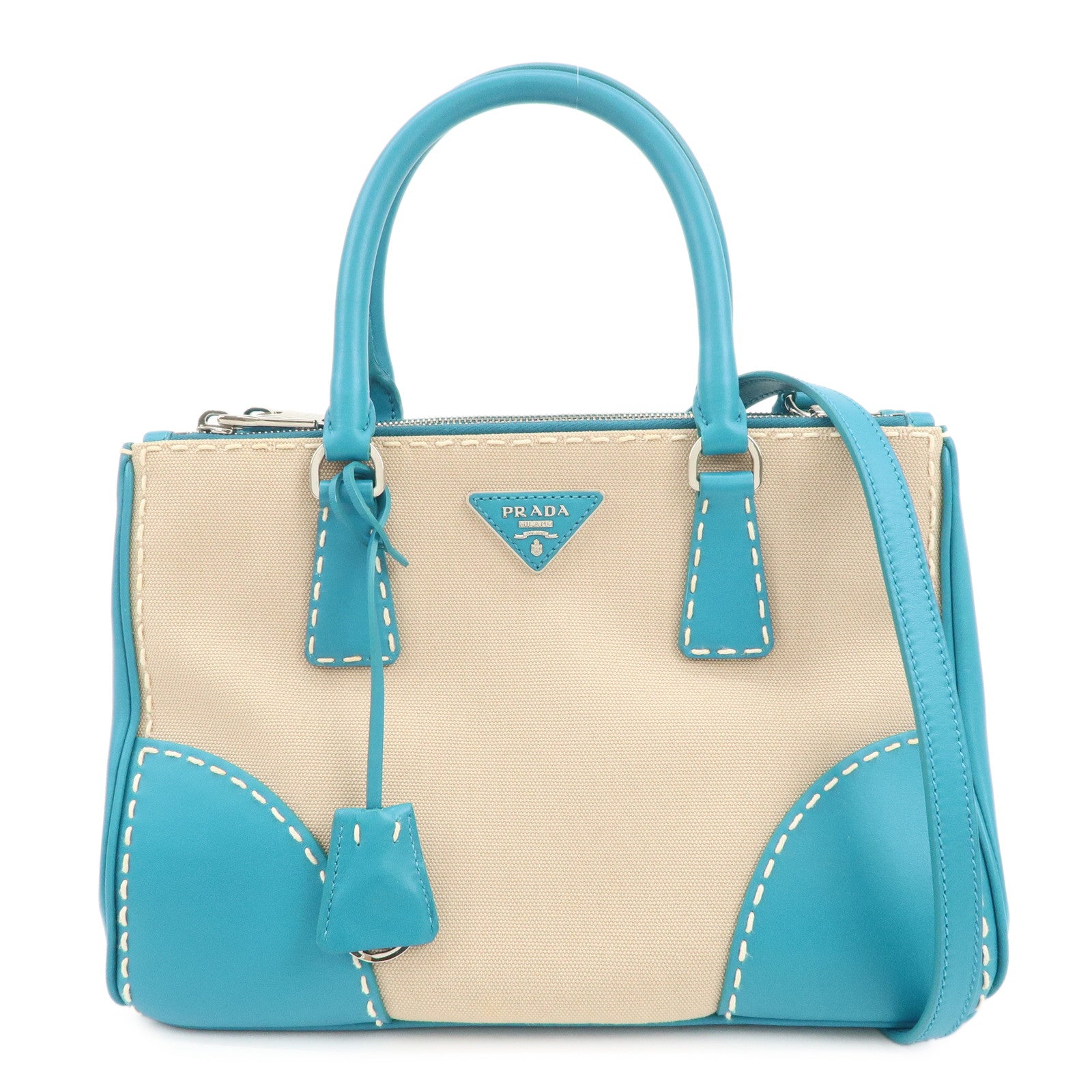 PRADA Triangle Logo Canvas 2Way Bag Hand Bag Tote Bag Blue B1801K