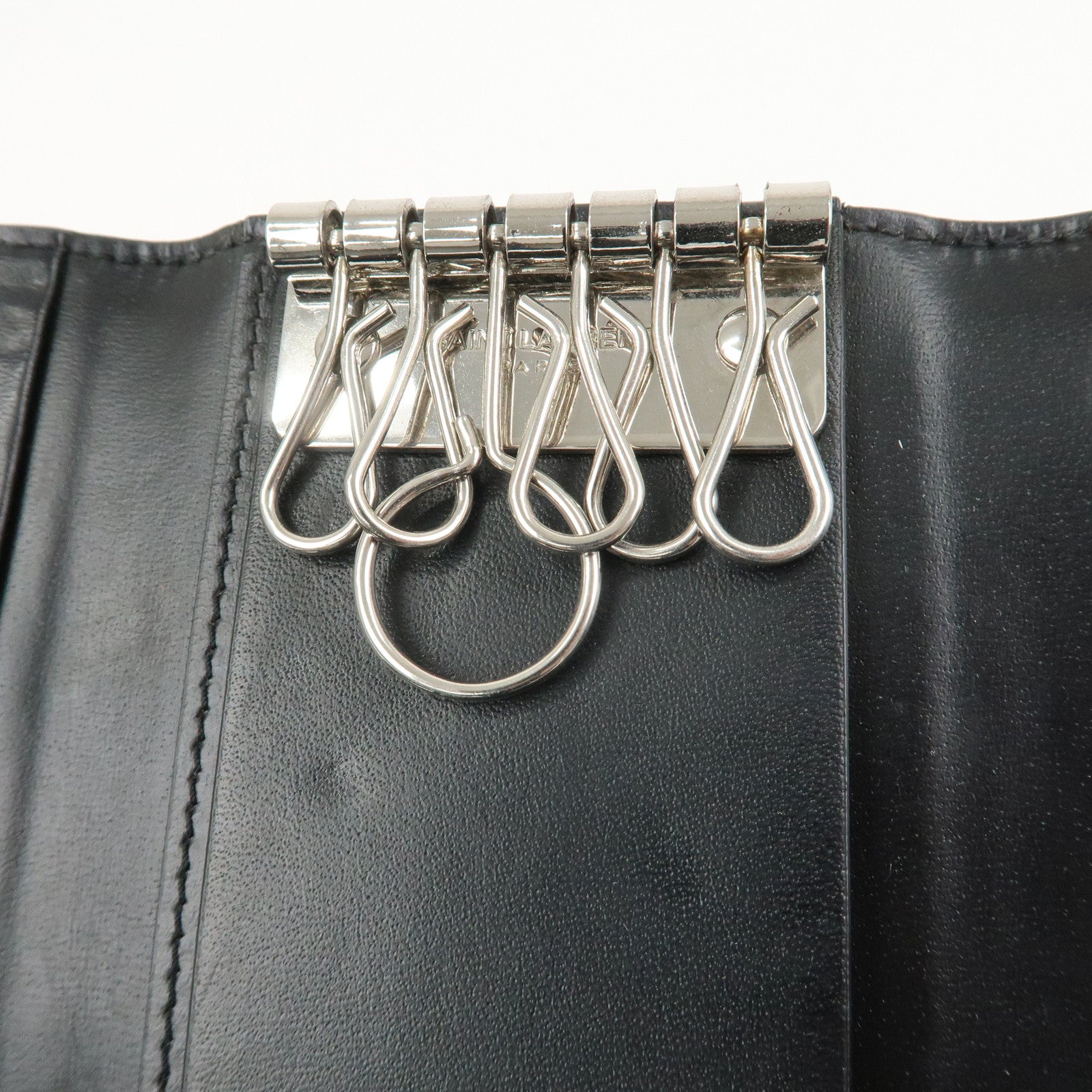 SAINT LAURENT Logo Leather 6 Hook Key Case Black Silver