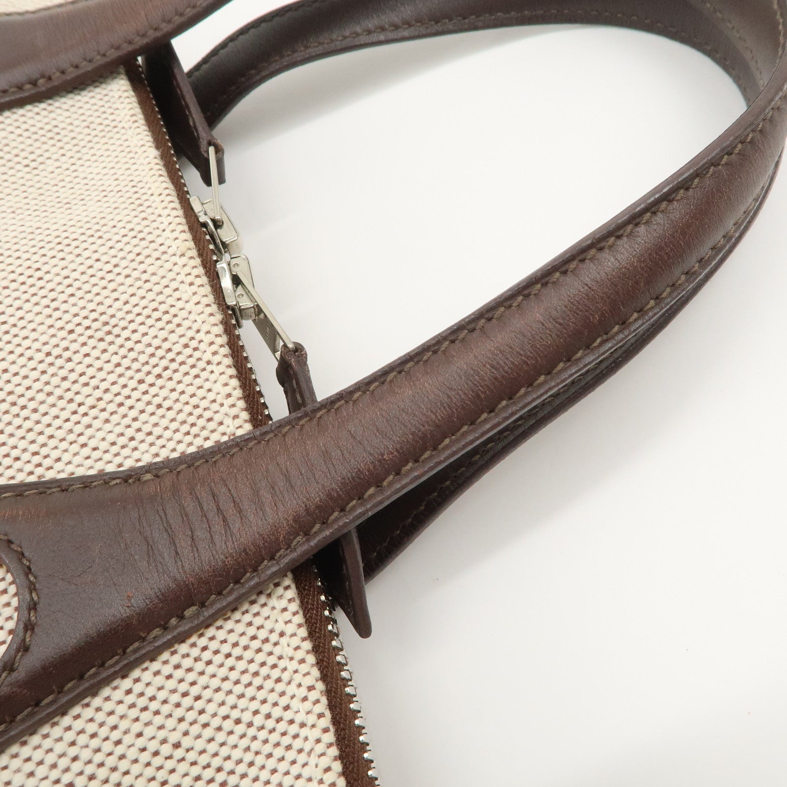 HERMES Leather Toile Ash Sac Eve MM J Engraved Hand Bag Natural