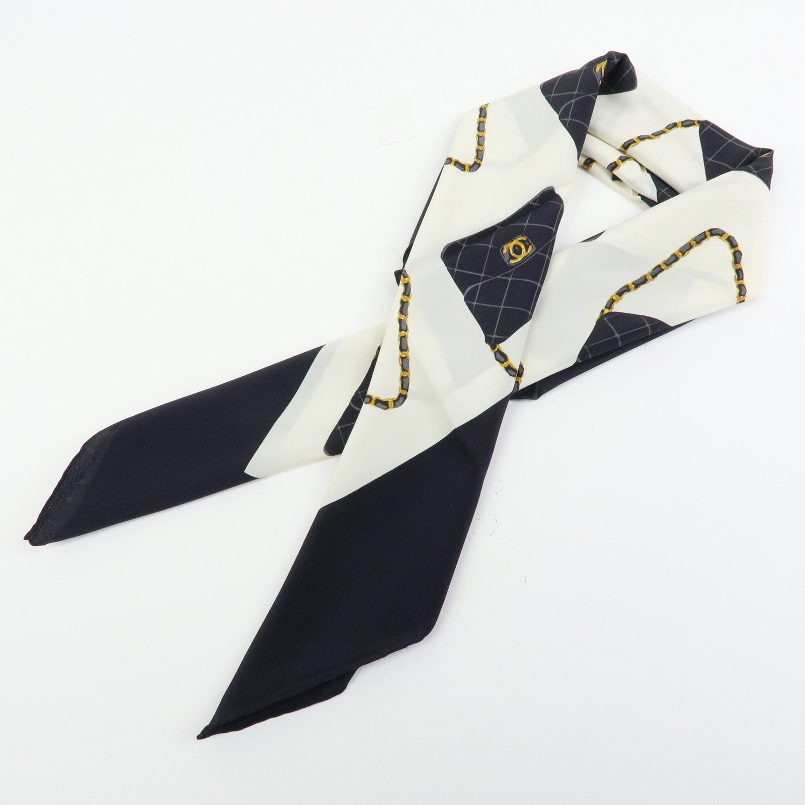 CHANEL Silk 100% Scarf Matelasse Bag Motif 86cm×86cm Black Ivory