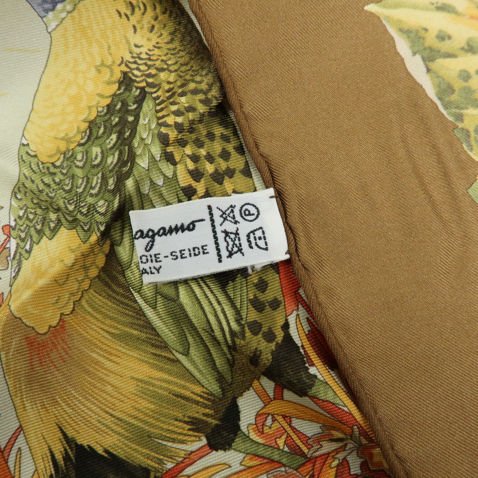 Ferragamo Silk 100% Scarf Autumn Bird And Leaf 85x85 Brown Orange