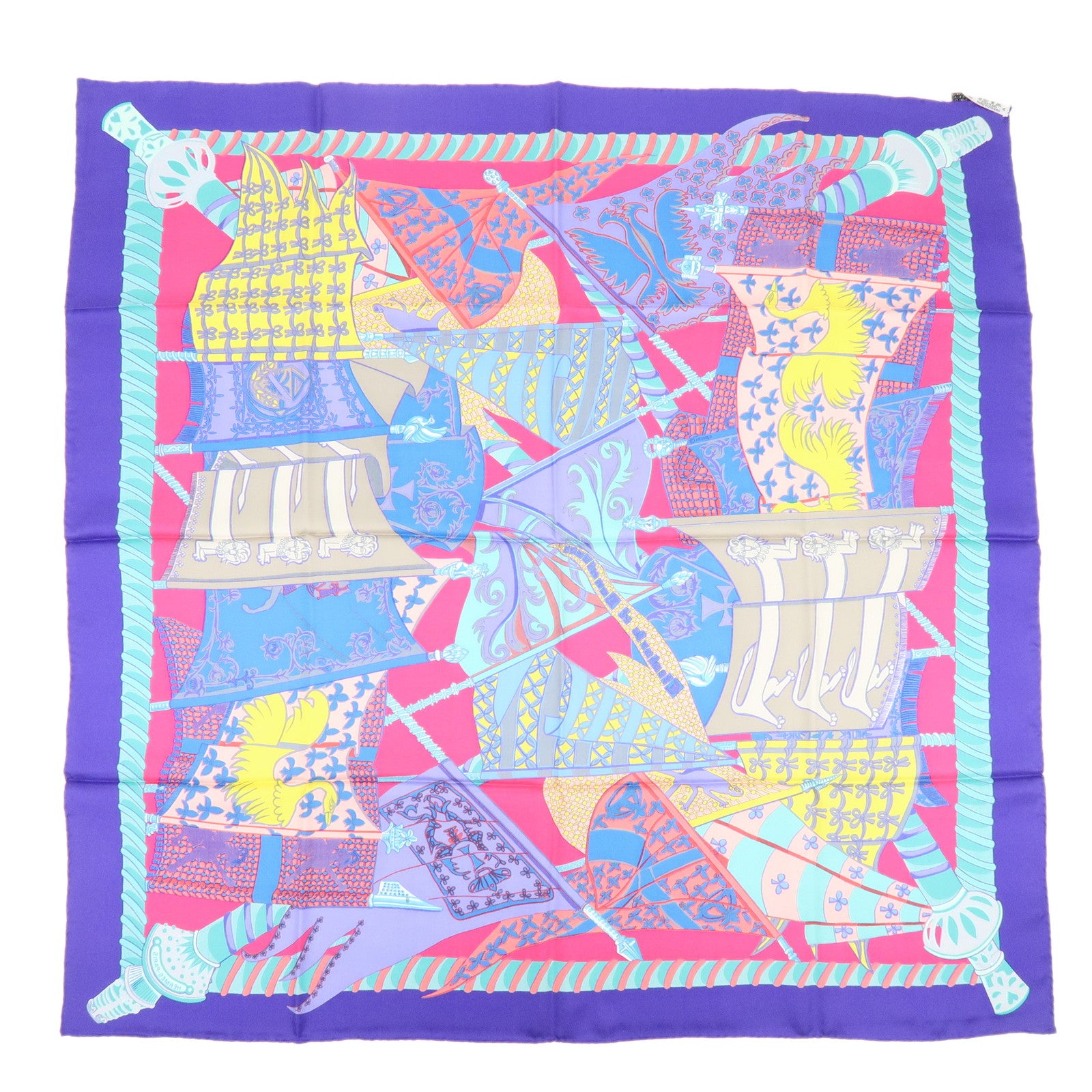 HERMES Carre 90 Silk 100% Etendards et Bonnieres Scarf Purple Blue