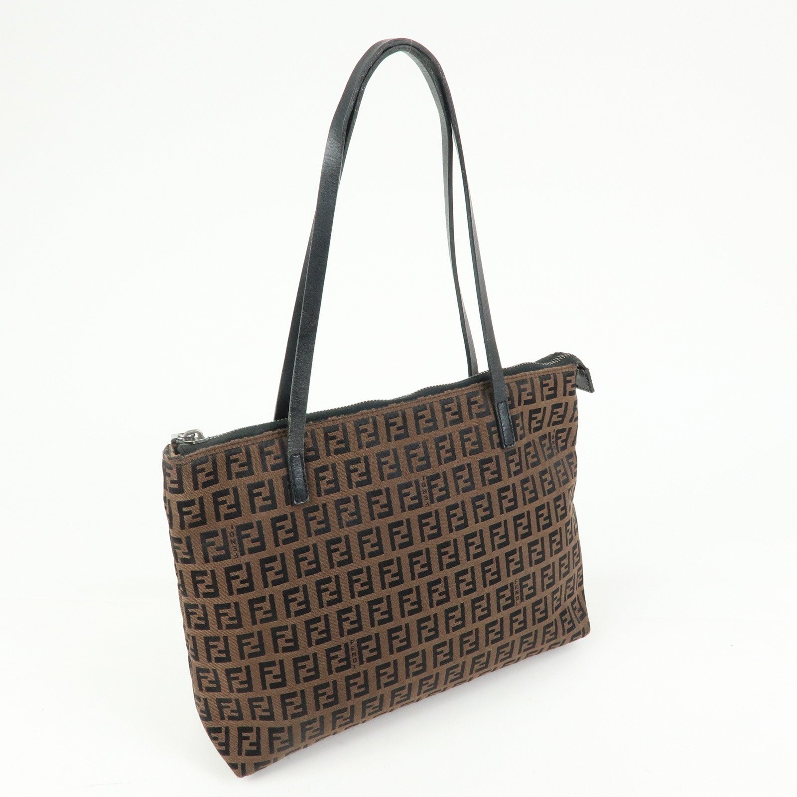 FENDI Zucchino Canvas Leather Tote Bag Hand Bag Brown Black 8BH024