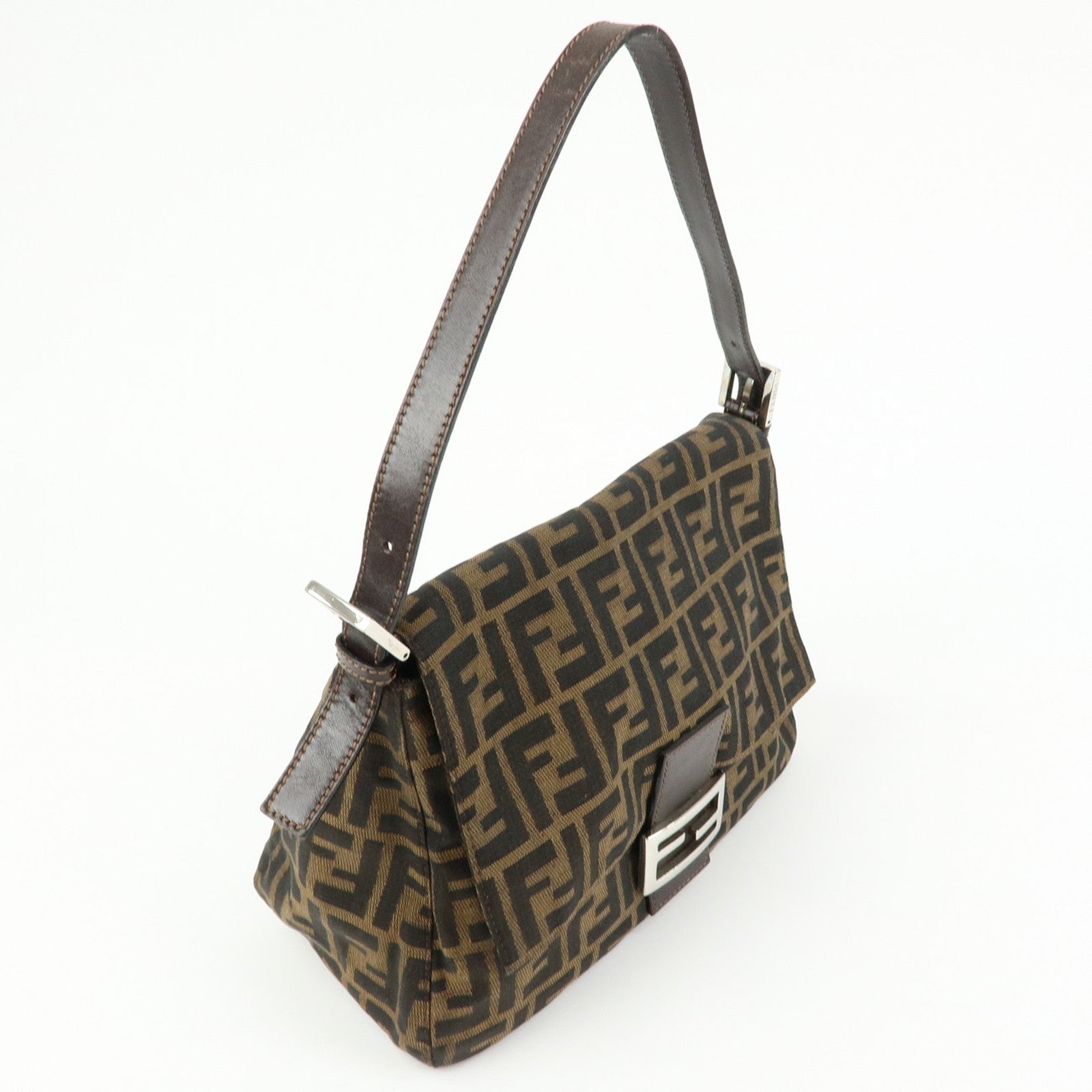 FENDI Mamma Baguette Zucca Canvas Leather Shoulder Bag Brown 26325