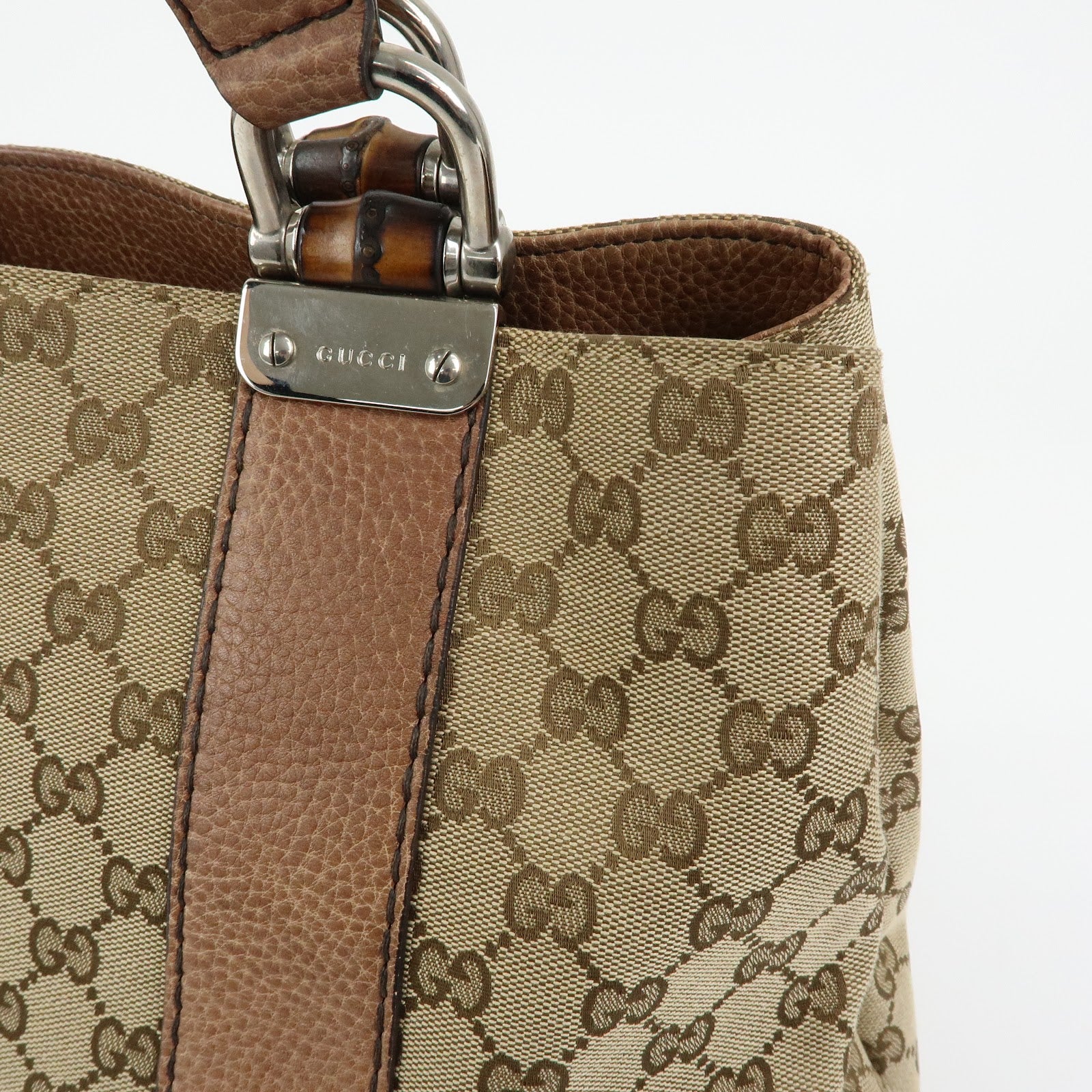 GUCCI Bamboo GG Canvas Leather Tote Bag Hand Bag Beige Brown 232947
