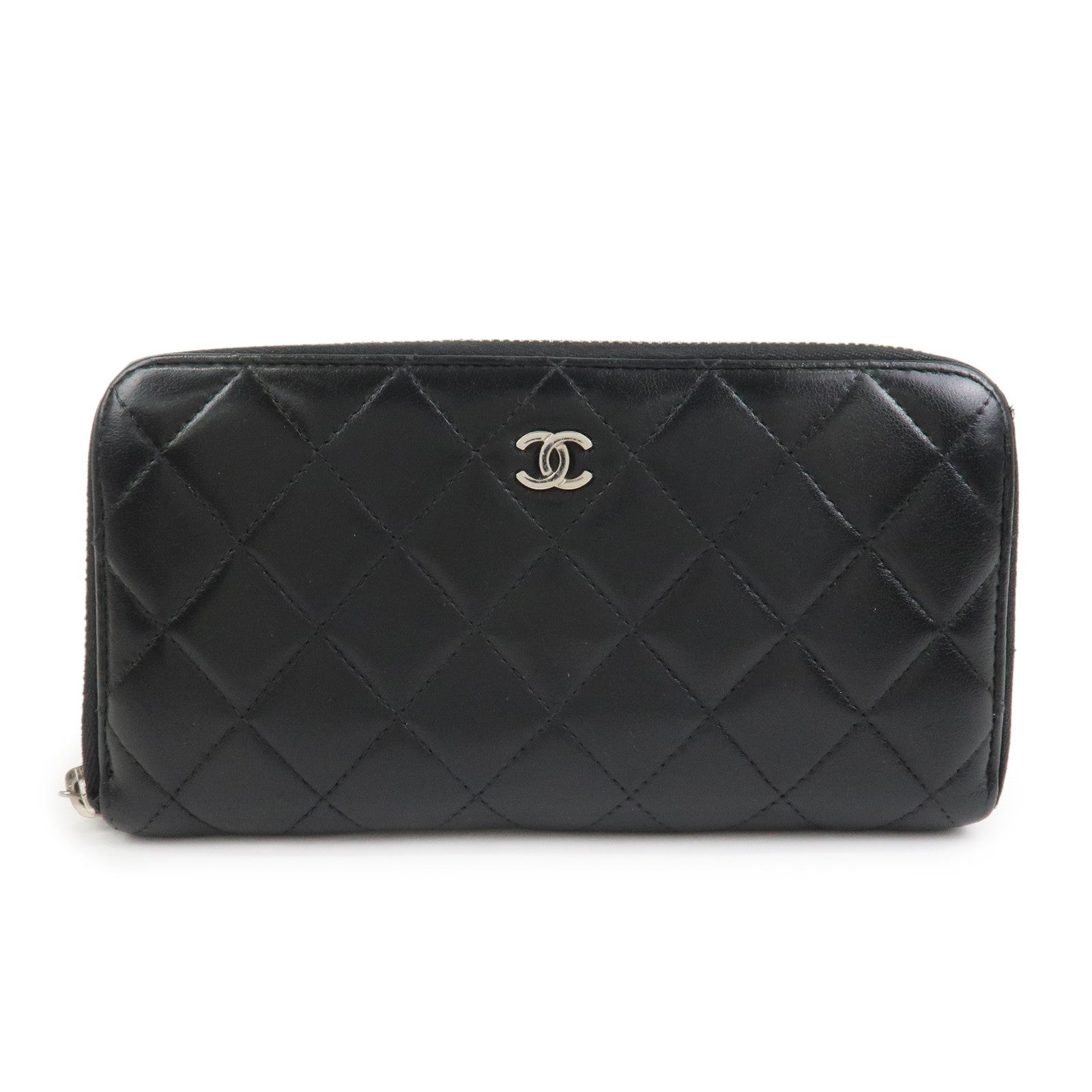 CHANEL Matelasse Lamb skin Leather Round Zippy Wallet Black Silver