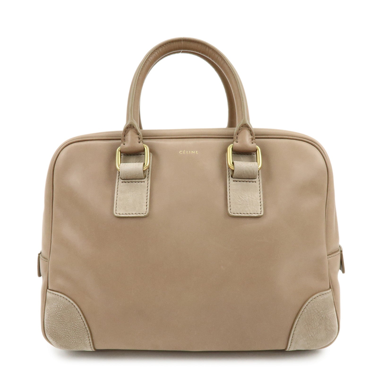 CELINE Leather Suede Hand Bag Boston Bag Beige