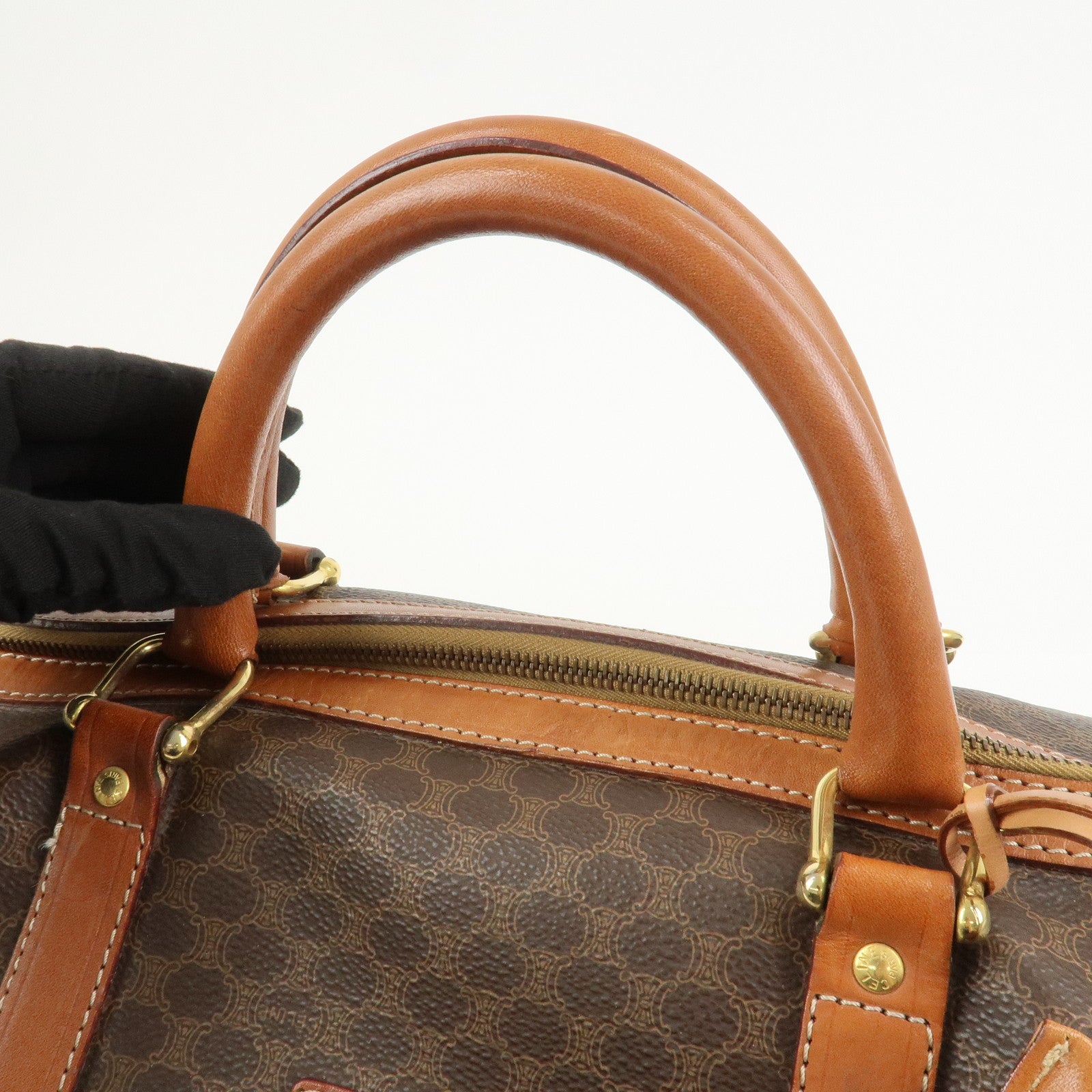 CELINE Macadam PVC Canvas Leather Boston Bag Hand Bag Brown